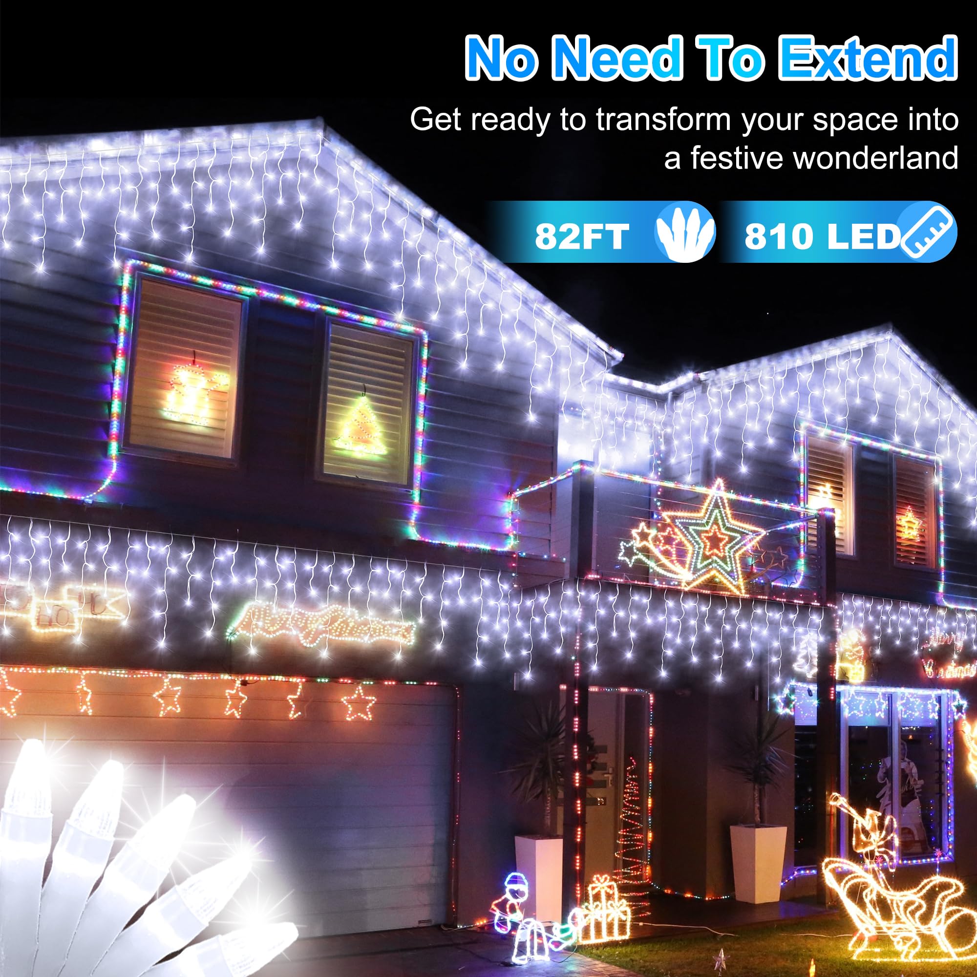 QUHUATU 810 LED 82FT Weihnachtslichter, 180 Tropfen, wasserdichte Eiszapfenlichter, 12 Modi, extra langer Vorhang, transparenter Draht für Schlafzimmer, Innen/Außen, Traufen, Fenster, Dach