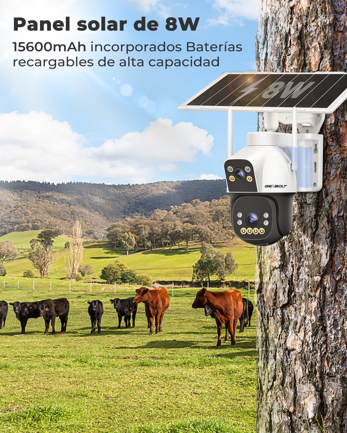 GENBOLT 4G AOV Solar Cámara Vigilancia Exterior Inalámbrica, Grabación 24/7 3MP+3MP Cámara IP Seguridad Exterior con Detección de IA de Tarjeta SIM Batería 15600mAh 8W, CCTV Cámaras Seguridad
