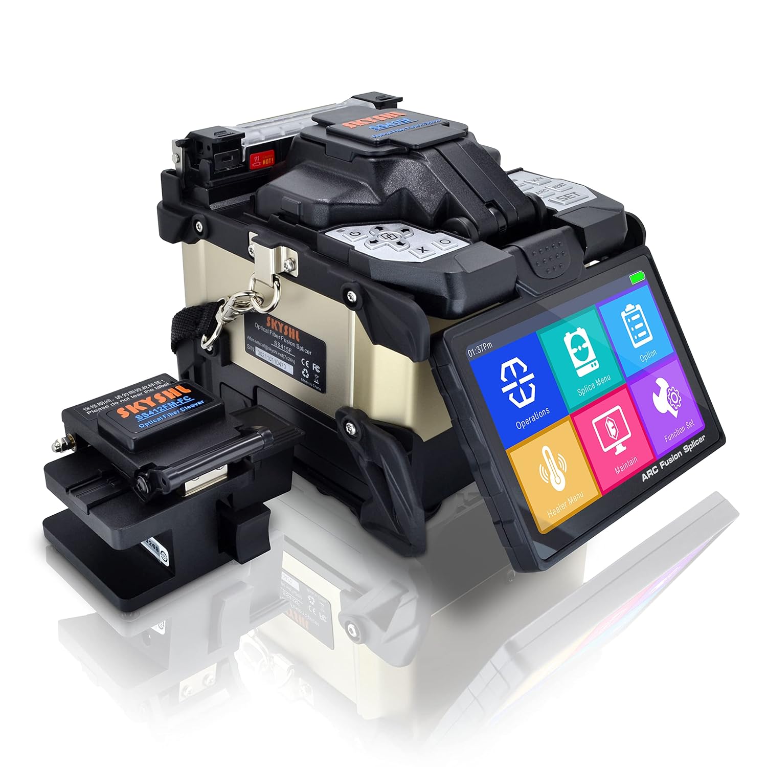 SKYSHL SS415F Fusion Splicer with its 5-inch touch screen displaying the main menu.