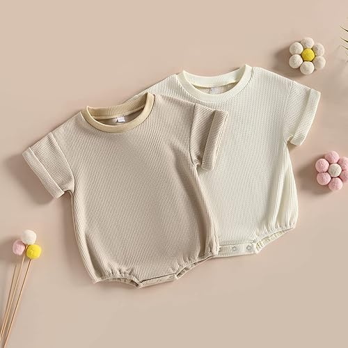 Miniatura 7 de Ropa de verano unisex para bebé, niño y niña, de manga corta, mameluco de punto gofre, con cuello redondo