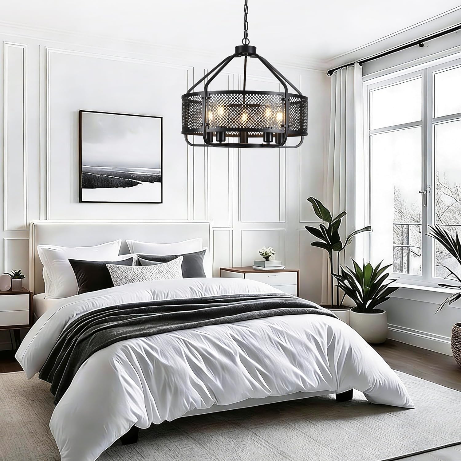 21" Black Drum Chandelier, 5-Light Farmhouse Chandeliers Large Modern Pendant Light, Rustic Round Chandeliers for Dining Room, Kitchen Island, Living Room, Bedroom, Foyer, Entryway, Hallway