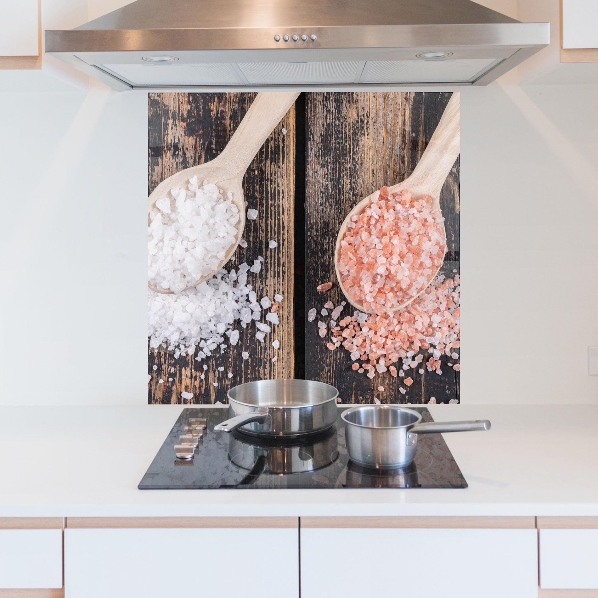 ARTHUB® Panel de Vidrio para Cocina 100x100 cm, 4mm Vidrio Templado | Protección contra Salpicaduras, Protección contra Salpicaduras para Cocina, Alimentos, Wooden Spoons Sea Salt