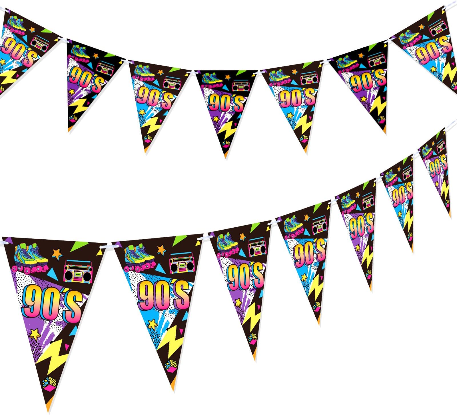 2 Packs 90s Party Decorations - 90s Banner & Flag Pennant Banners for Adults' Throwback Birthday Party