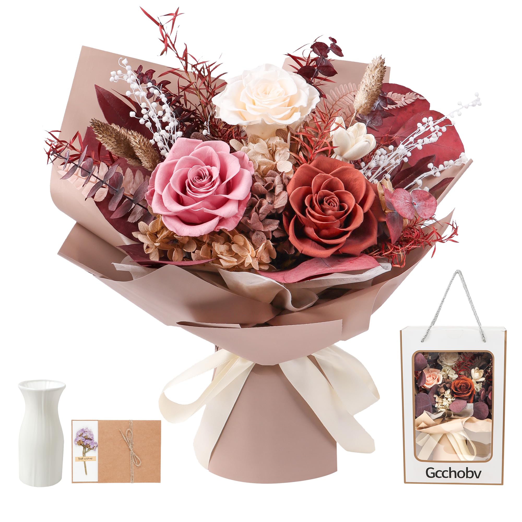 Gcchobv Preserved Flowers Bouquet, Real Eternal Flowers