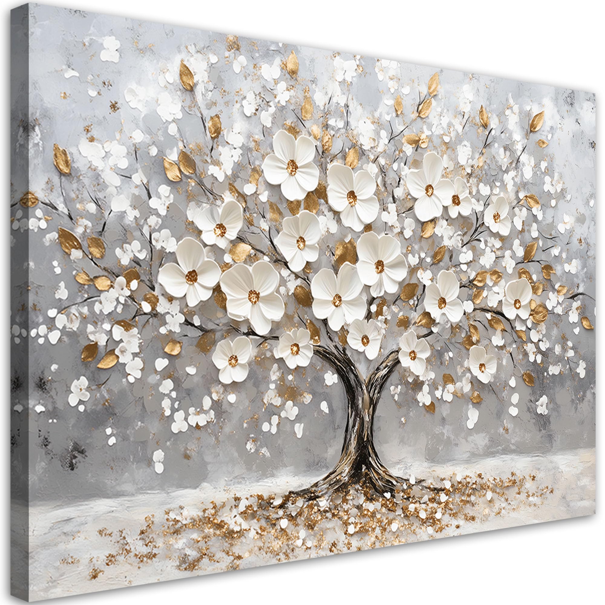 Feeby Lienzos Decorativos - Cuadros Decoracion Salon Modernos - Árbol de la vida hojas blancas doradas - 90x60 cm - Decoración Para el Salón y el Dormitorio