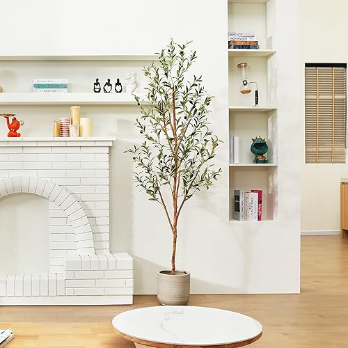 Miniatura 8 de Plantas de olivo artificiales de 4 pies con hojas realistas y tronco natural, árbol falso de seda en maceta con ramas y frutas de madera, olivo