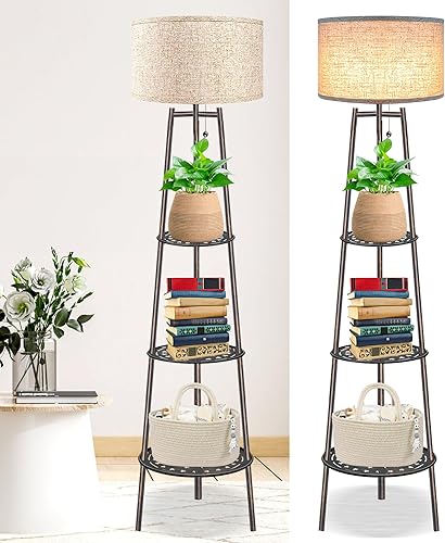 Lámpara de pie de bronce con estantes para sala de estar, lámpara de pie, lámpara alta, Amparas Elegantes para Sala con pantalla de lino, lámpara de