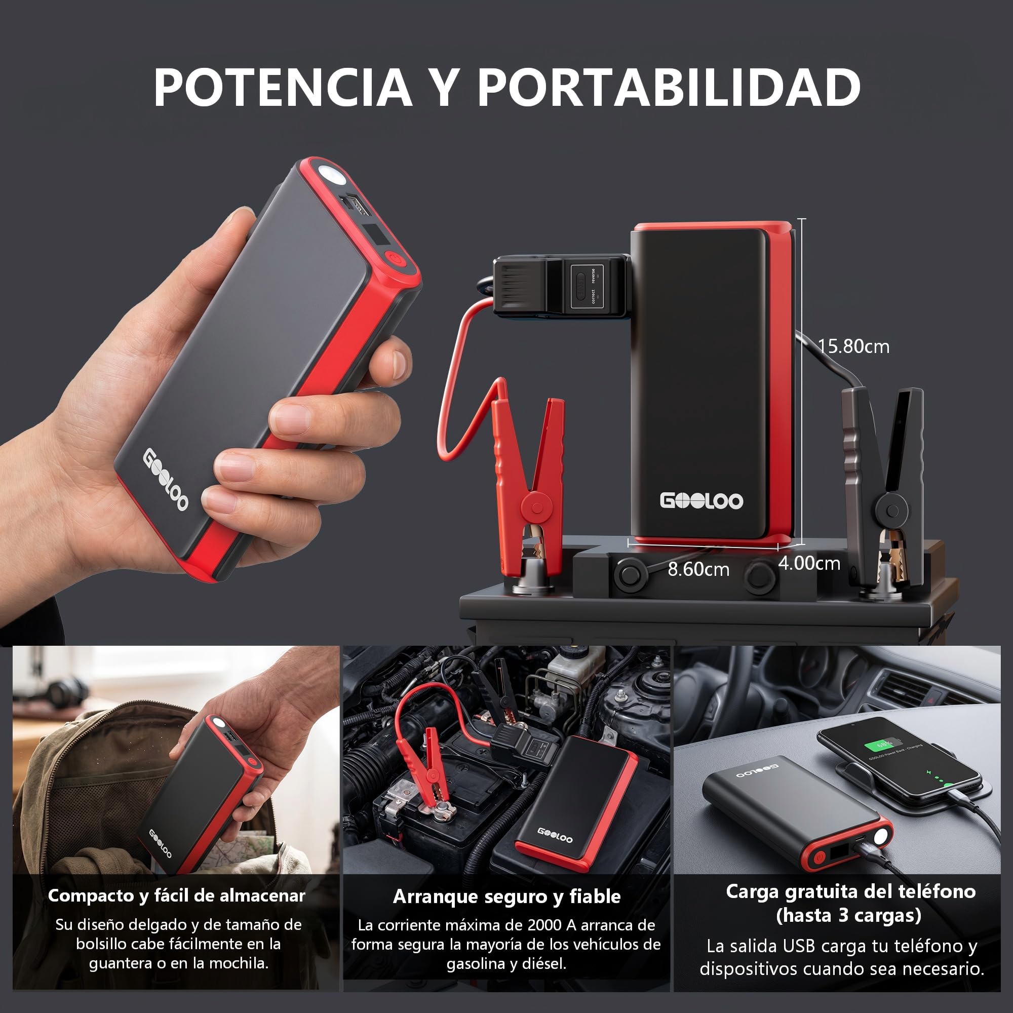 GOOLOO GE2000 - Arrancador de salto de 2000 A (hasta 8 L de gas/6 L diésel) con carga rápida USB-A, luz de emergencia LED y abrazaderas de metal inteligentes, paquete de refuerzo de batería portátil