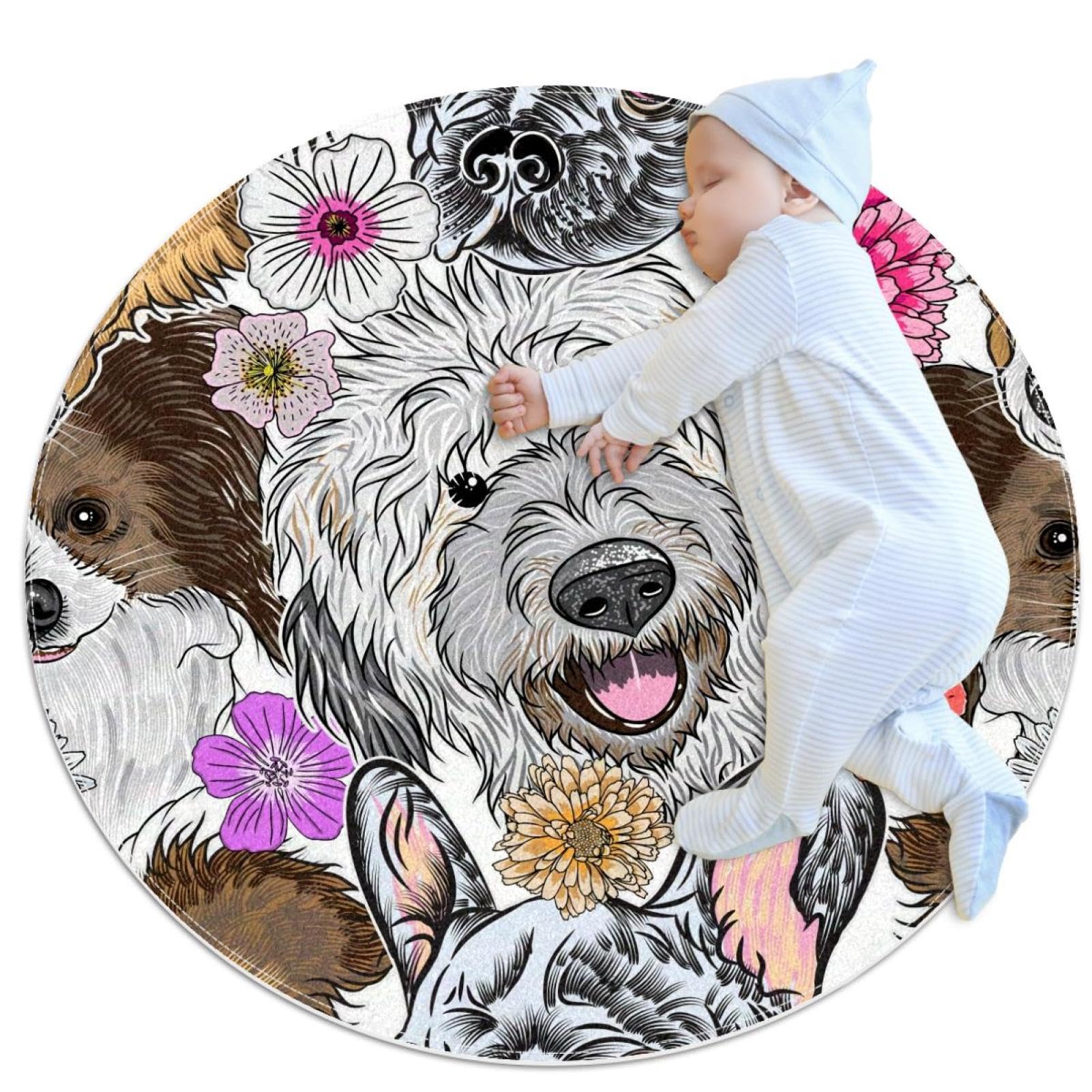 Tapis de salle de bain labradoodle bouledogue fleurs camomille rond 1m