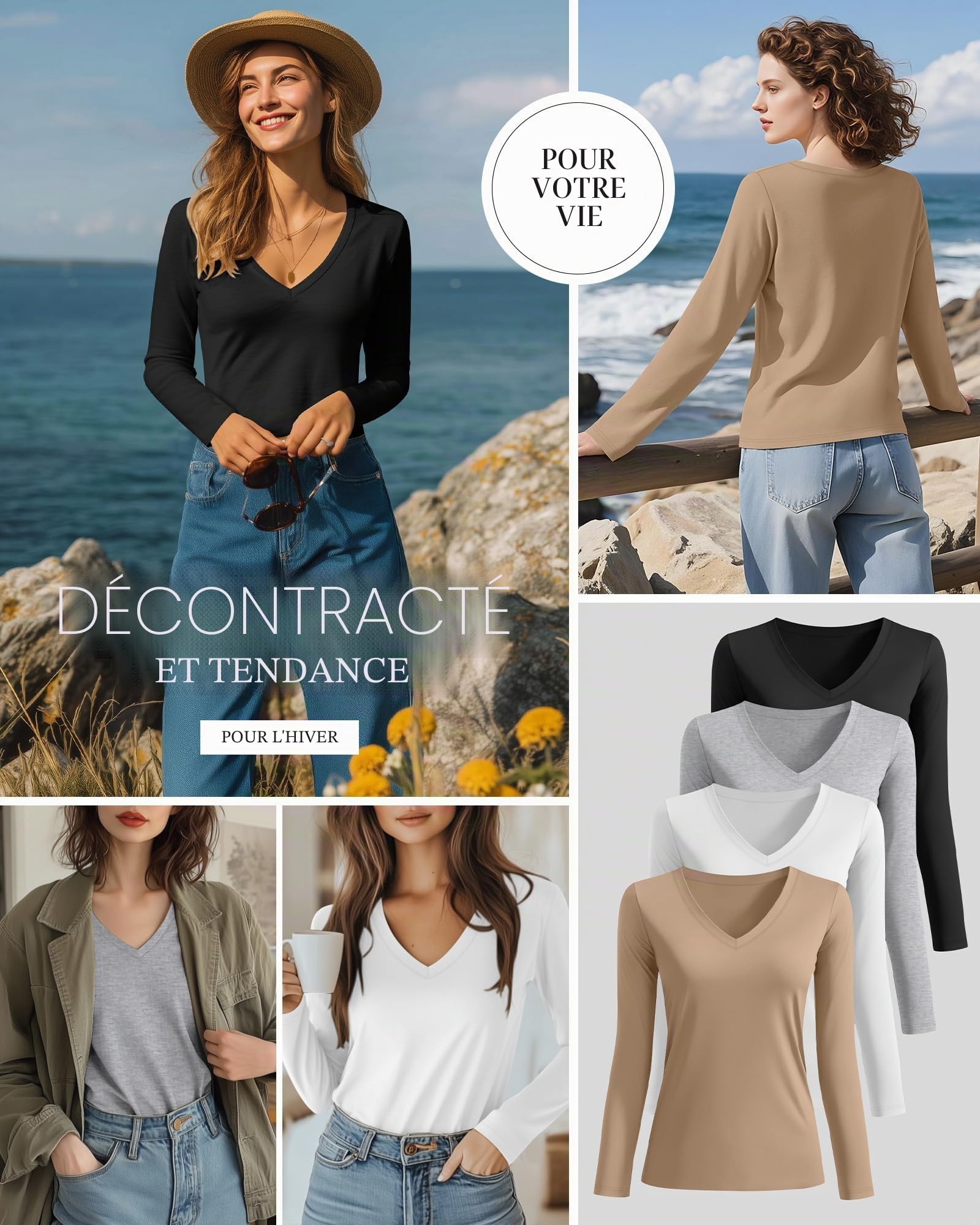 Neer Lot de 4 T-Shirts pour Femme, Col en V, Manches Longues, Décontractés, Coupe Ample, Basiques, à Superposer, Ourlet Droit | Chemises basiques à superposer - Coupe légèrement ample - Décontractée pour femme - Ourlet droit - Uni - Tissu doux