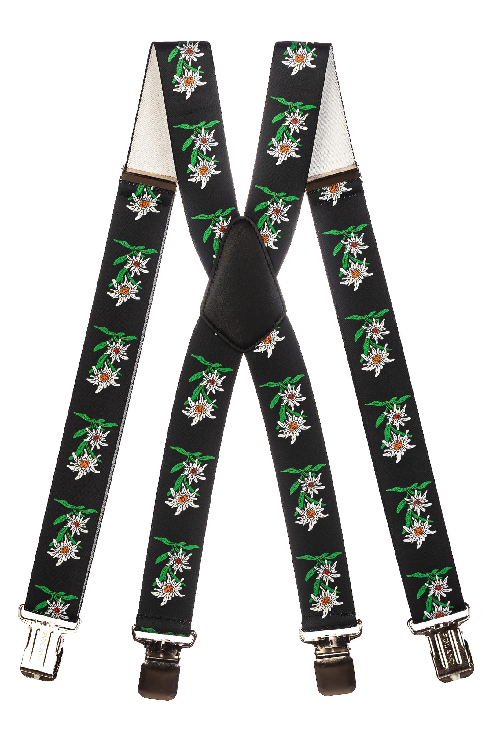 Olata Men’s Heavy-Duty X-Shape Braces/Suspenders with Edelweiss Pattern - 2.5cm. Black