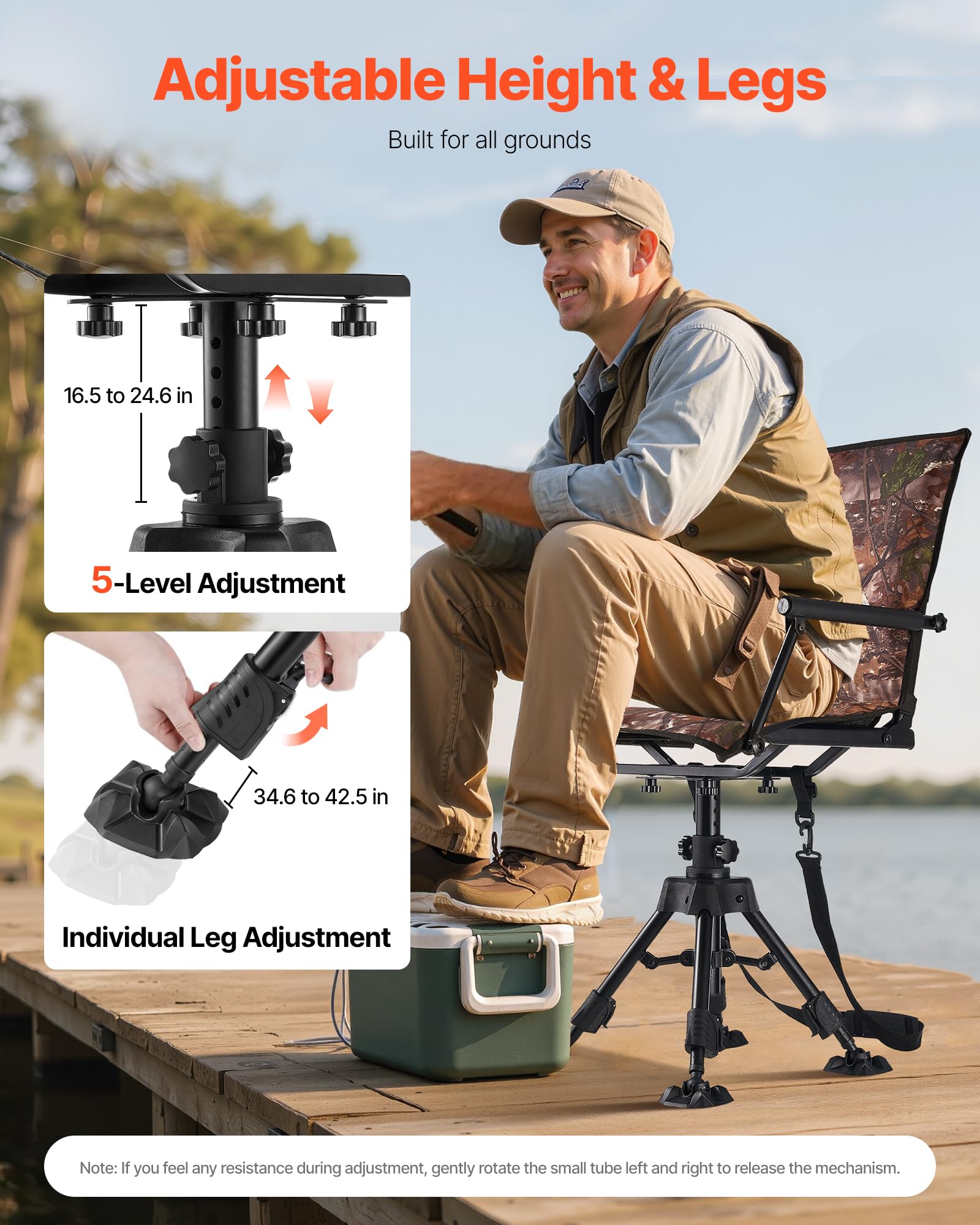 VEVOR Sedia da Caccia Campeggio Pieghevole, Sedia da Pesca con Braccioli, Altezza Regolabile Capacità di Carico 158 kg, Rotazione Silenziosa a 360°, Altezza Seduta 420-625 mm, Giardino, Esterno