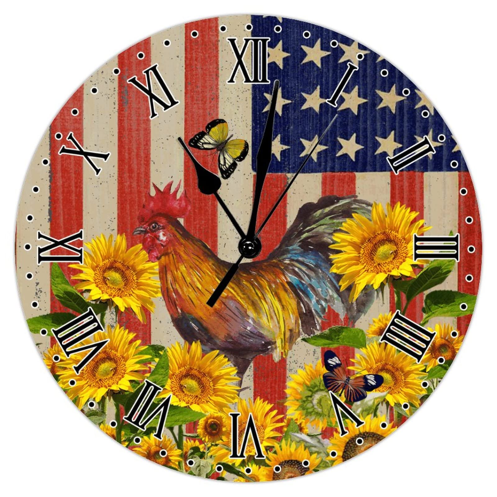 Horloge murale coq et tournesol vintage de 38 cm silencieuse