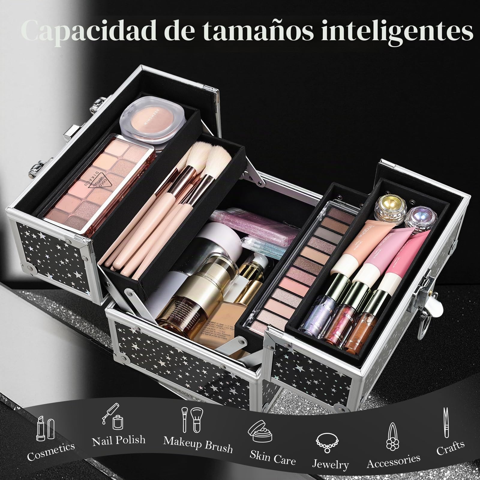 Maletín Maquillaje pequeño Caja Maquillaje vacío Organizador Maquillaje con Cerradura Maletín Maletin Manicura para niñas Maletín de cosméticos, Cielo Estrellado Negro