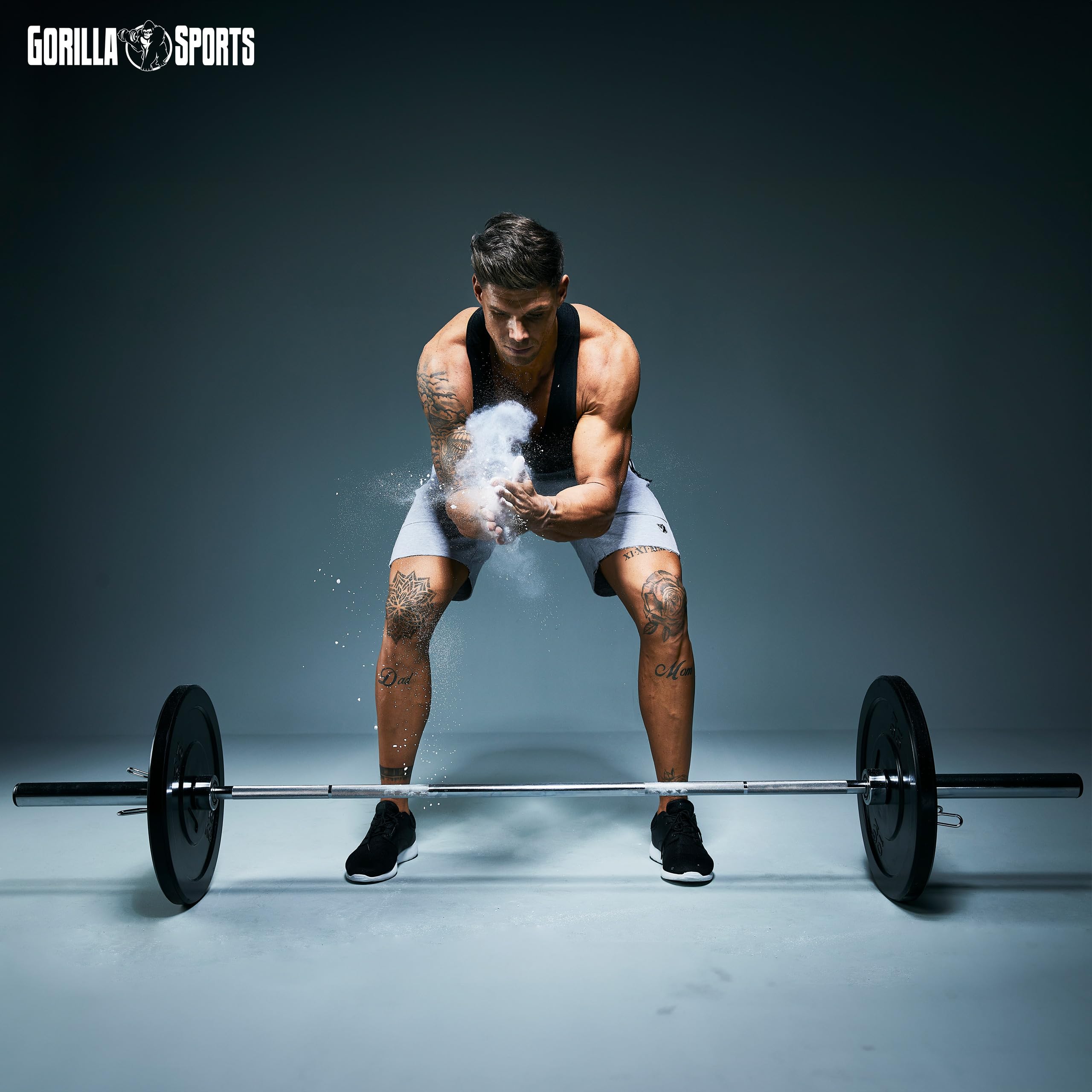 GORILLA SPORTS® Langhantelstange - 218cm / 220cm, Olympische, 50mm, bis 450 kg Belastbar, inkl. 2 Federverschlüssen, Gerändelt, Verchromt - Langhantel, Olympia Hantelstange, Langhantel-Stange