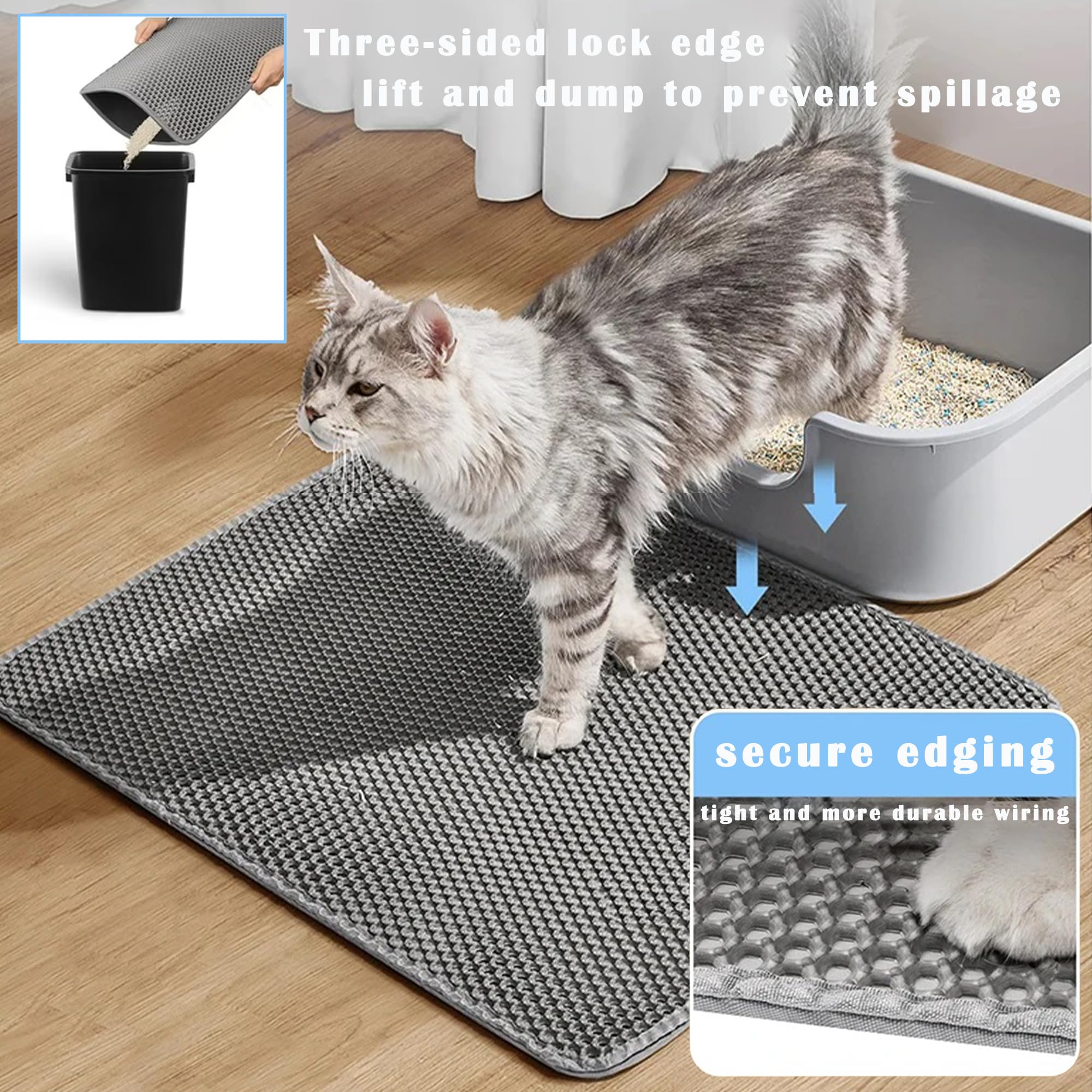 2-Pack Cat Litter Mat, Double Layer Honeycomb Waterproof Urine Proof Non-slip Litter Trapping Mat, Less Waste, Easy to Clean Cat Litter Box Mat, Kitty Indoor Supplies (Gray, 30x22 Inches) - image 5