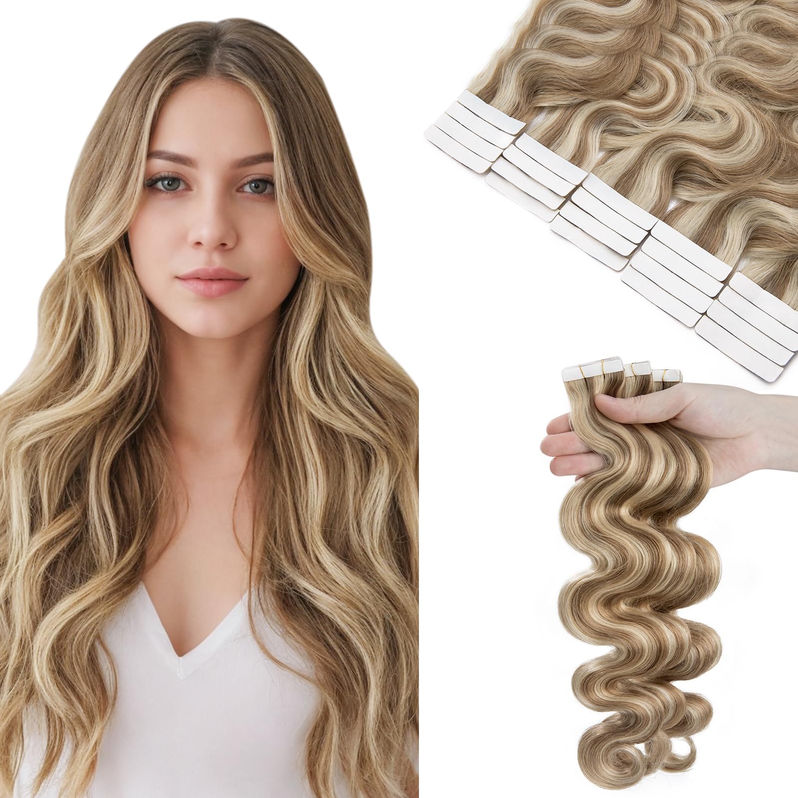 SEGOHAIR Wavy Tape In Hair Extensions Real Human Hair with Double-Sided Adhesive Professional Hair Extensions for Women 20pcs Body Wave 20 Inches