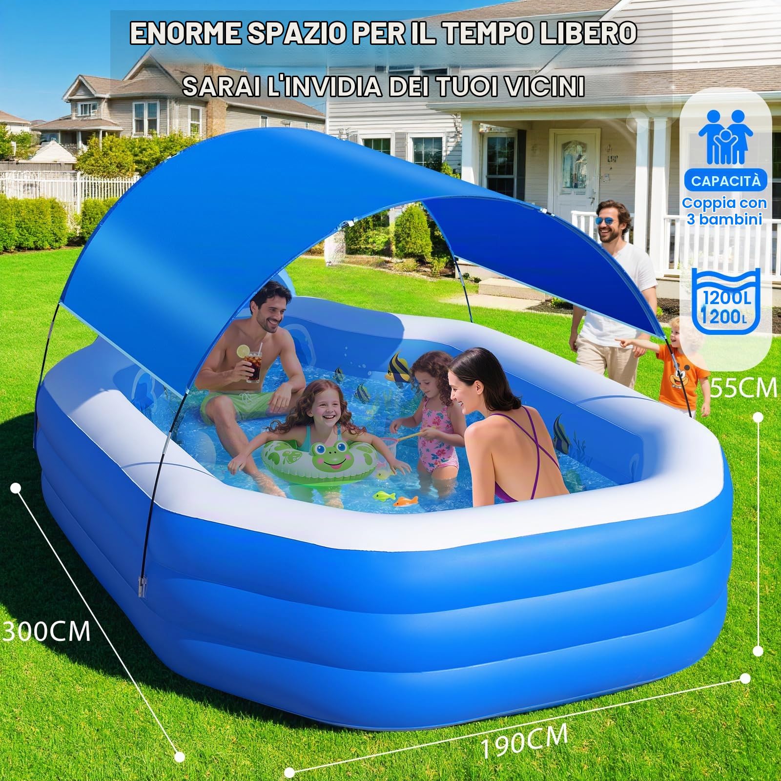 ChlorBlu Piscina Gonfiabile Grande con Tettoia, 300x190x55cm Piscina Gonfiabile per Adulti, Piscine Gonfiabili Familiari Resistenti e Rinforzate con Sedili, Piscina Familiare per Giardino Esterno