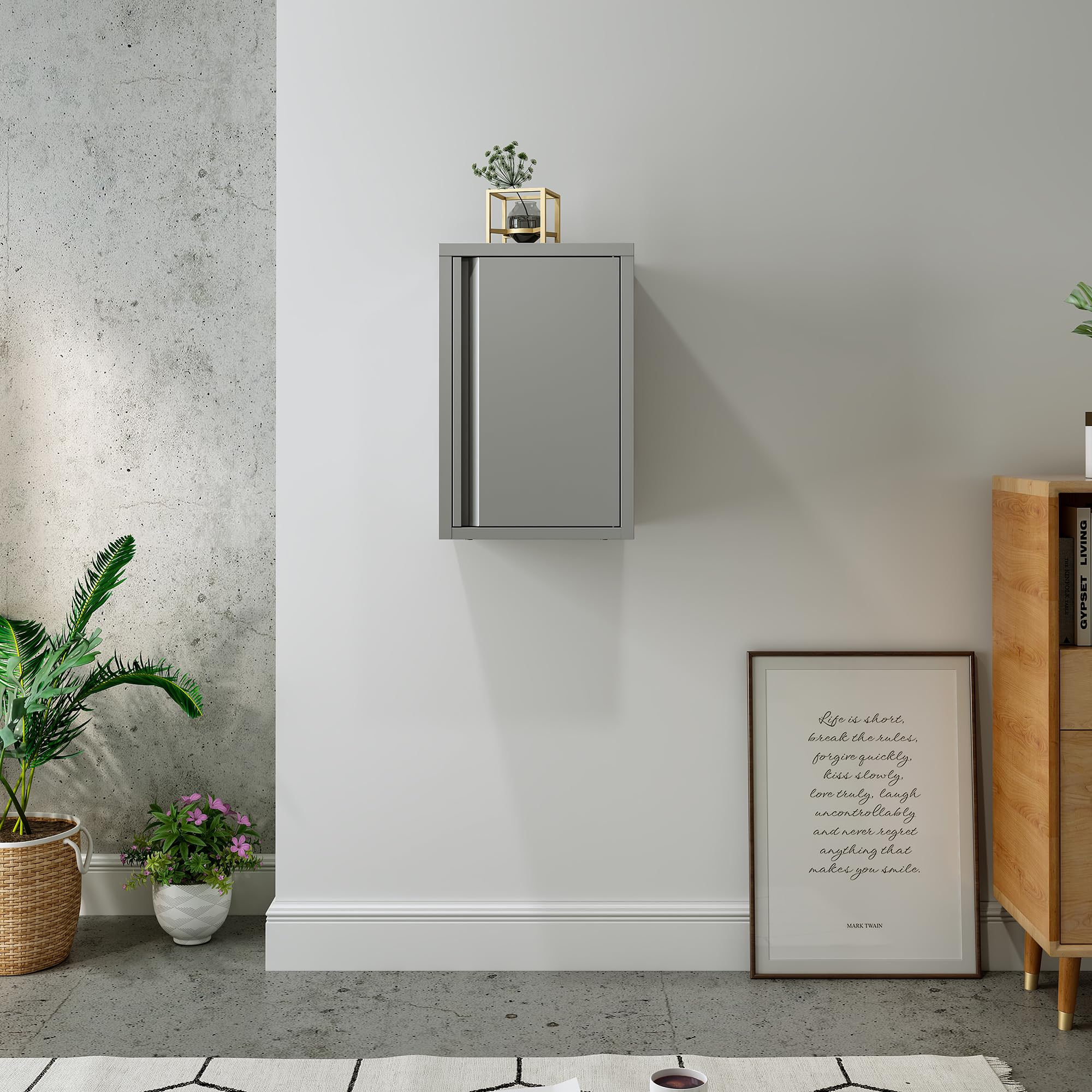 [en.casa] Mobiletto a Muro con Anta Armadietto Pensile a Parete con Ripiano Regolabile in Altezza Mobile in Acciaio per Bagno Ingresso Ufficio 50x33x35 cm - Grigio