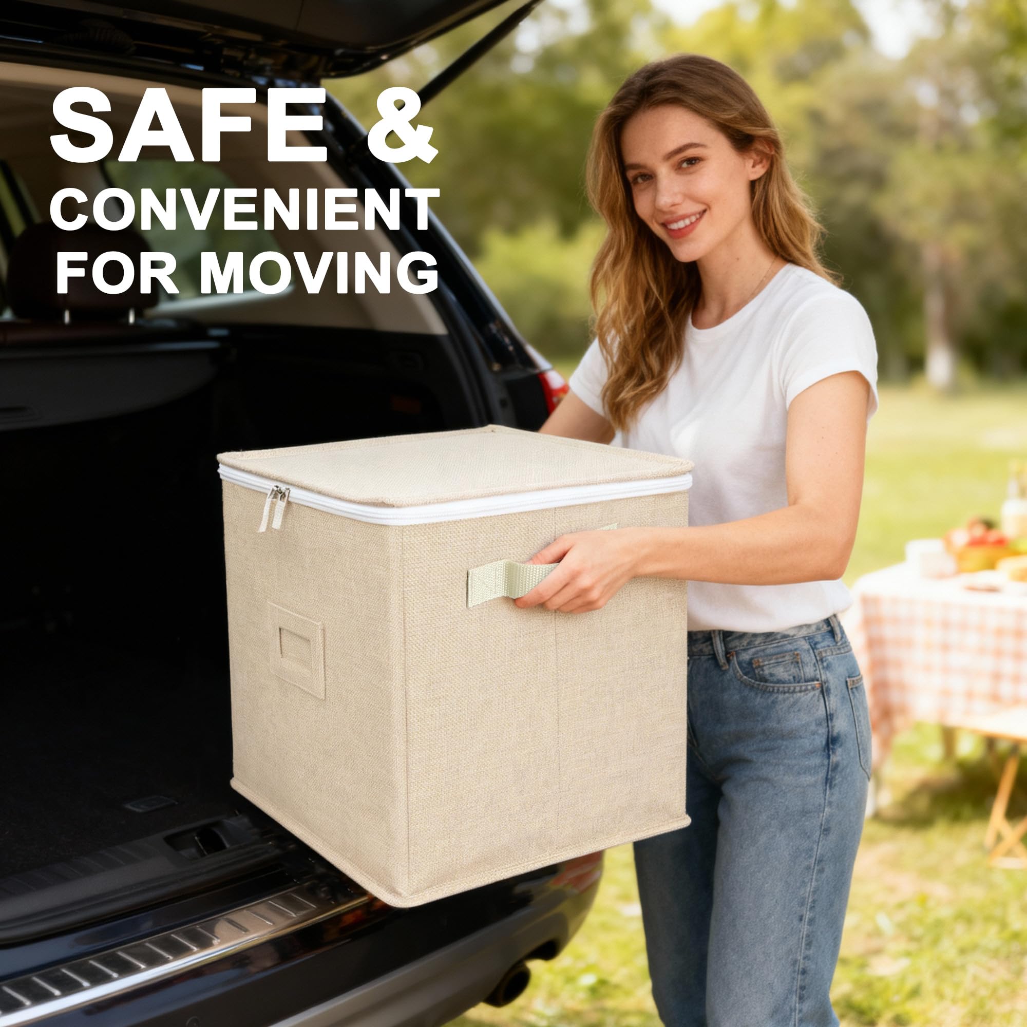 LotFancy Champagne Flute Storage Container for Moving, Hard Shell, Stackable 12" Tall Stemware Storage Box with Dividers & Handles, Wine Glass, Crystal Glassware, Drinkware Case, Beige