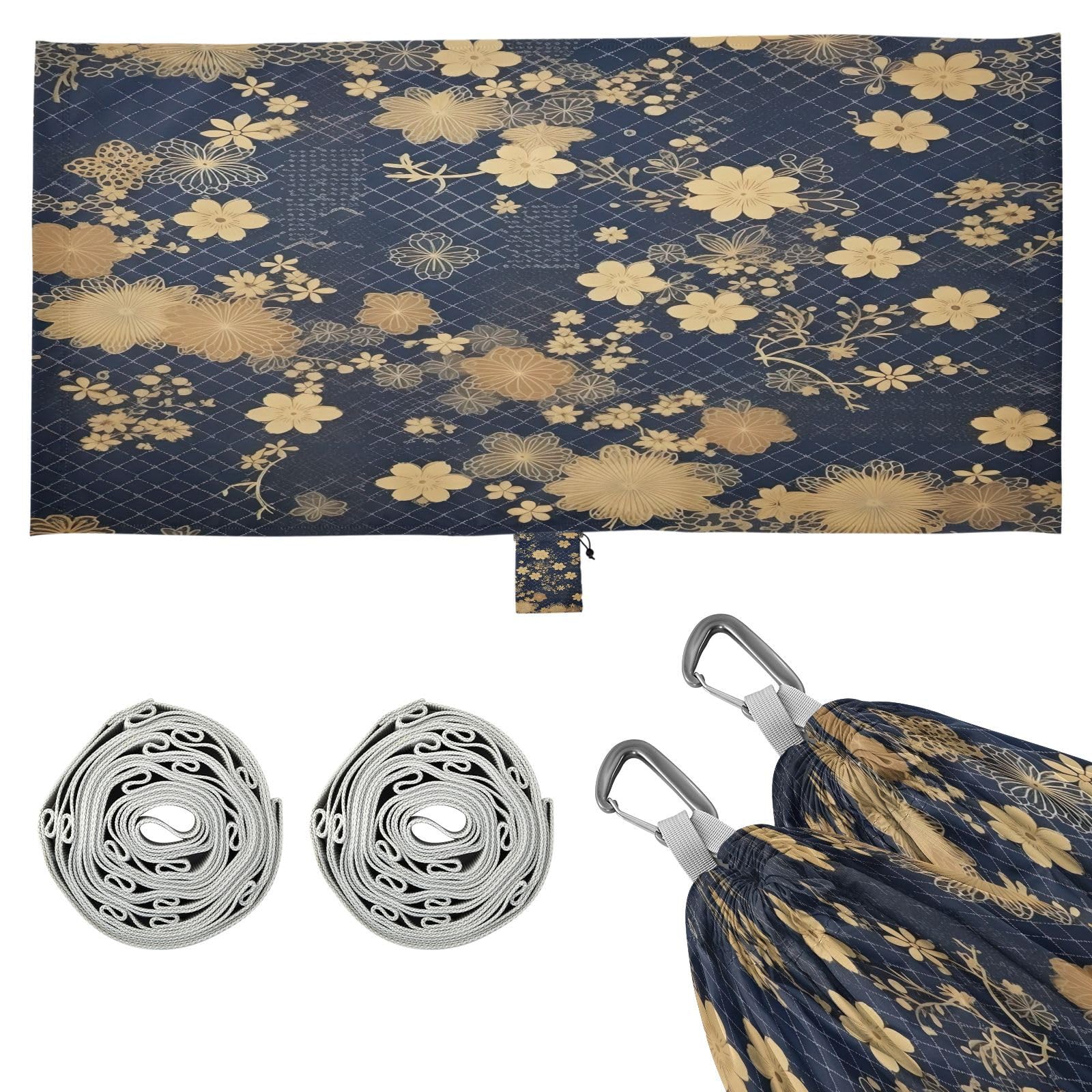 SDMKA Japanese Beige Flowers Camping Hammock, 330 lbs with 2 Tree Straps, Carry Bag, Single Portable Hammock for Outdoor/Indoor, Hiking, Beach, Backpacking, Travel