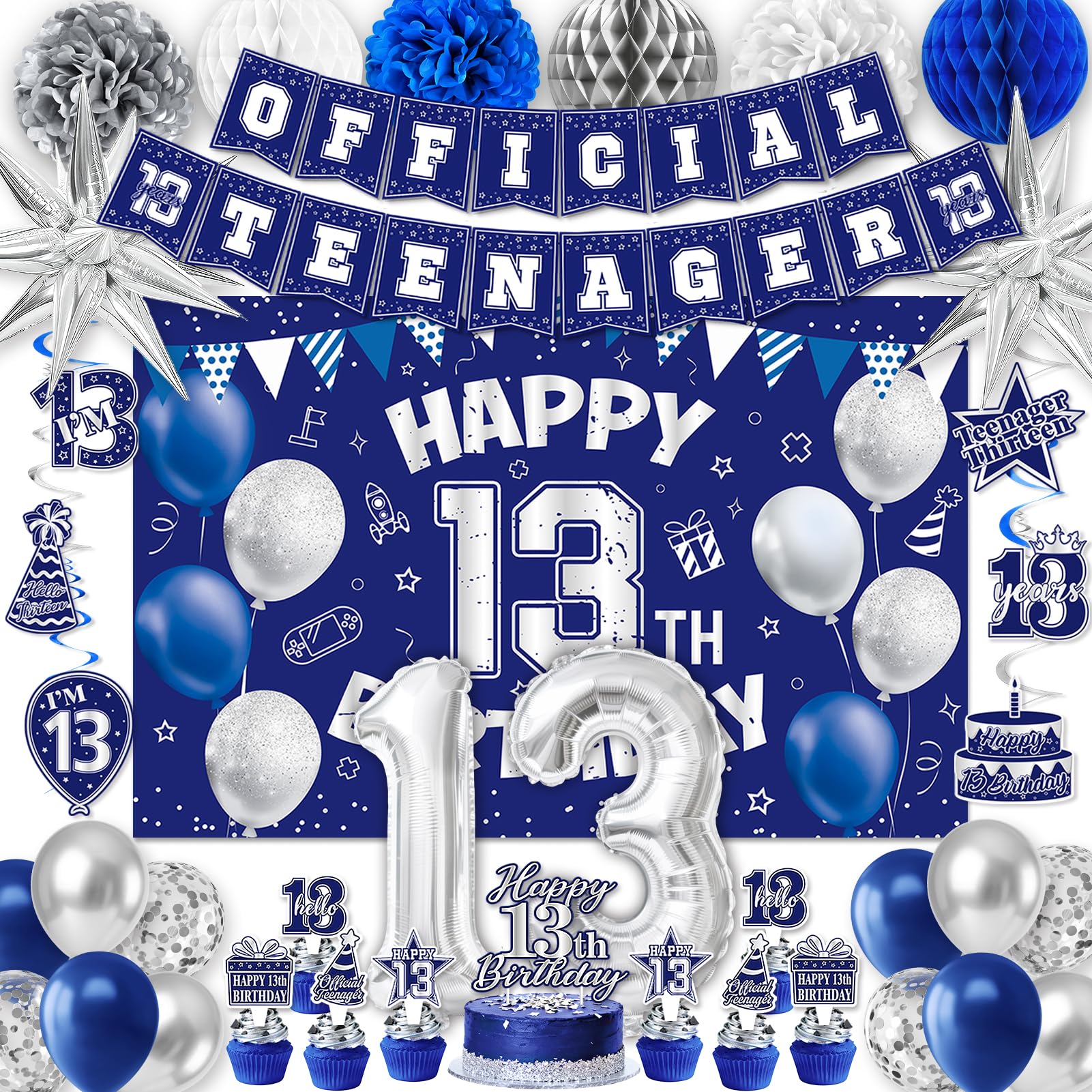 Photo 1 of 13th Birthday Decorations for Boys, 45Pcs Blue Silver Official Teenager Decorations Include Happy 13th Birthdays Backdrop Hanging Swirls 32inch 1 3 Foil Balloons for 13th Boy Girl Birthday Decor