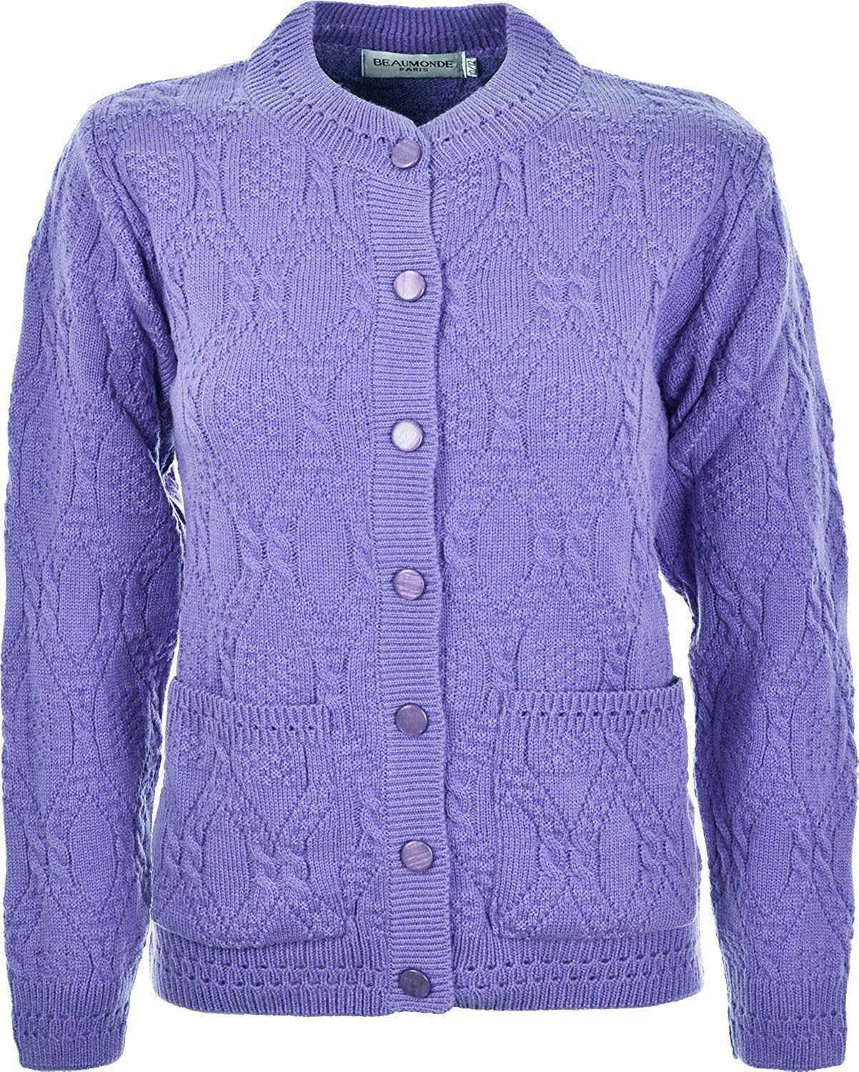 WearAll Women's Ladies Long Sleeve Button Top Aran Knitted Cardigan Button Clouse Crew Neck UK (10/12, Lilac)