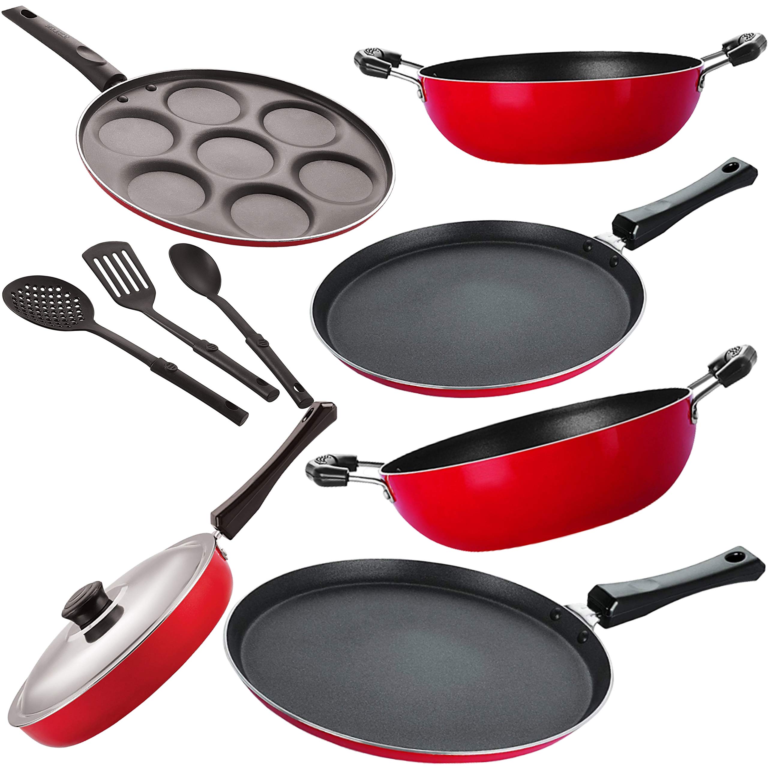Nirlon Non-Stick Aluminium Gas Compatible Cookware Kitchen Utensils Combo Gift Set Offer - 9 Pieces -2.6mm_FT13_FT12_KD13_KD14_UP_FP12_3SPN