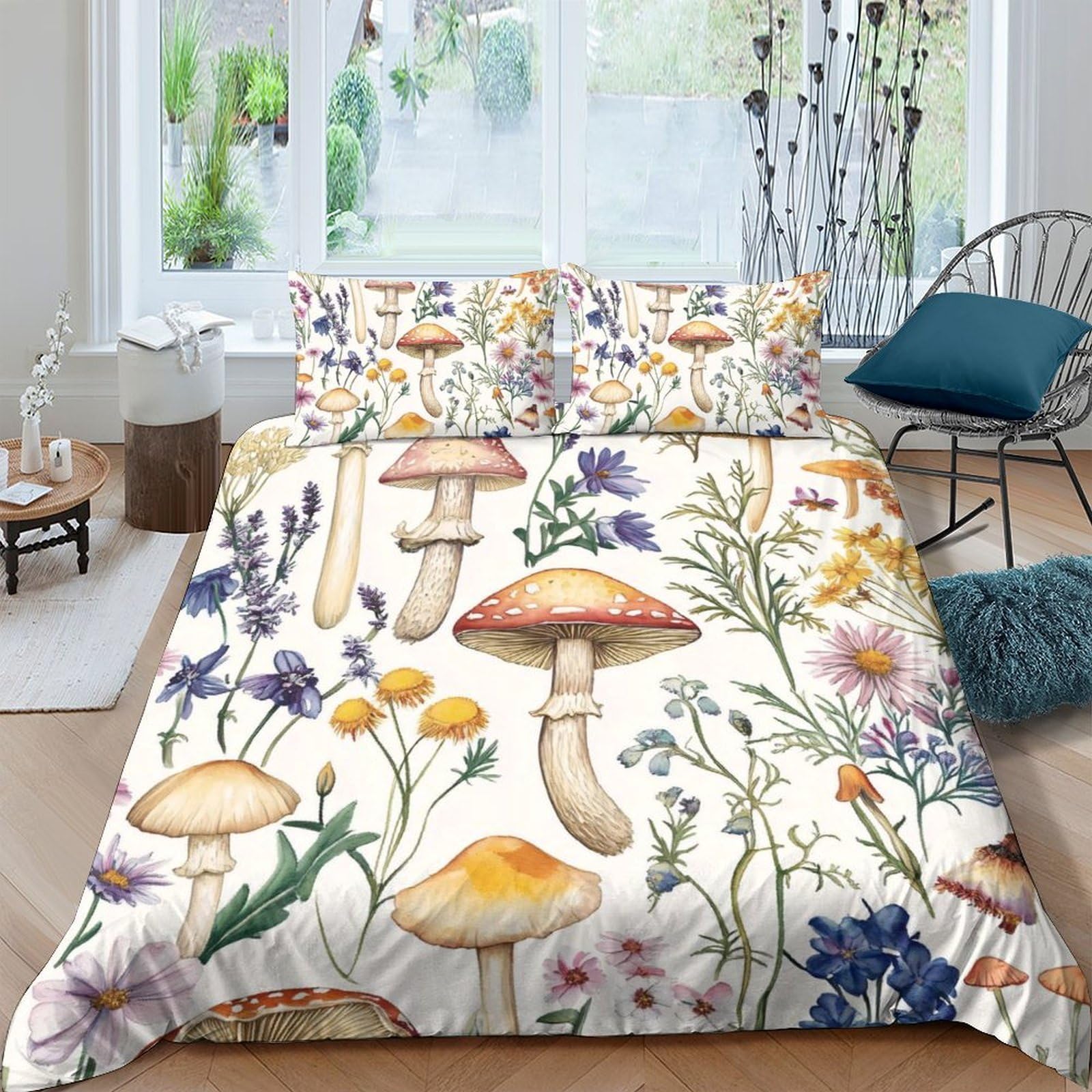 GPLZQXKJNH 3D Printed Mushroom Wildflower Duvet Cover Set Microfiber Soft Breathable Forest Botanical Bedding Set with 2 Pillowcases for Bedroom Decor Single（135x200cm）