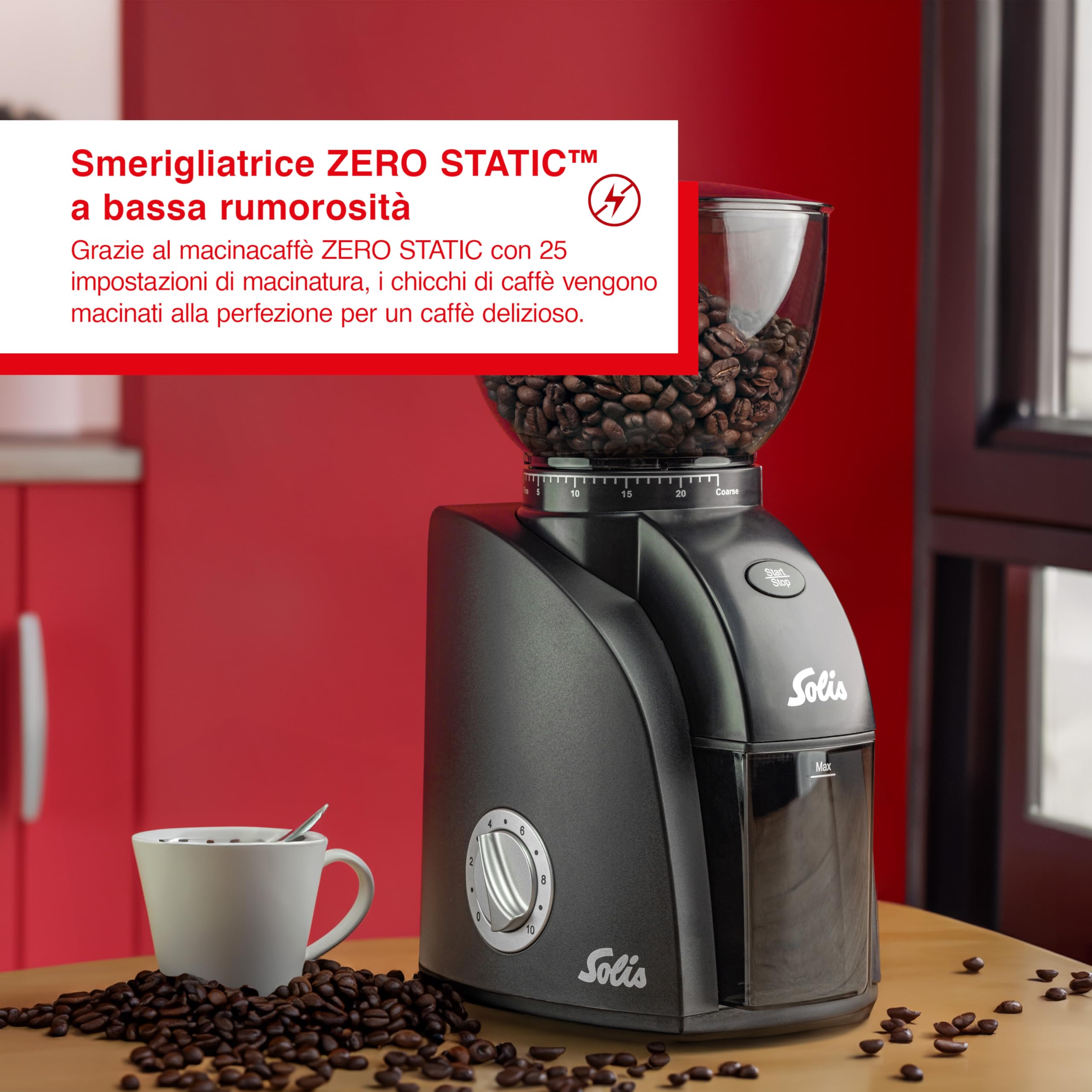 Solis Scala Zero Static Macinacaffè con macina conica, macinacaffè elettrico con 24 gradi di macinatura regolabile, macinacaffè con contenitore per fagioli da 300 g, tecnologia ZERO STATIC, nero