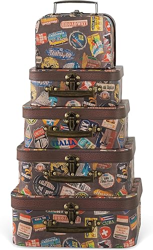 Soul & Lane Maletas de cartón con tapas y asas con bisagras – Juego de 5 – Caja de equipaje decorativa, accesorio de fotos vintage, almacenamiento