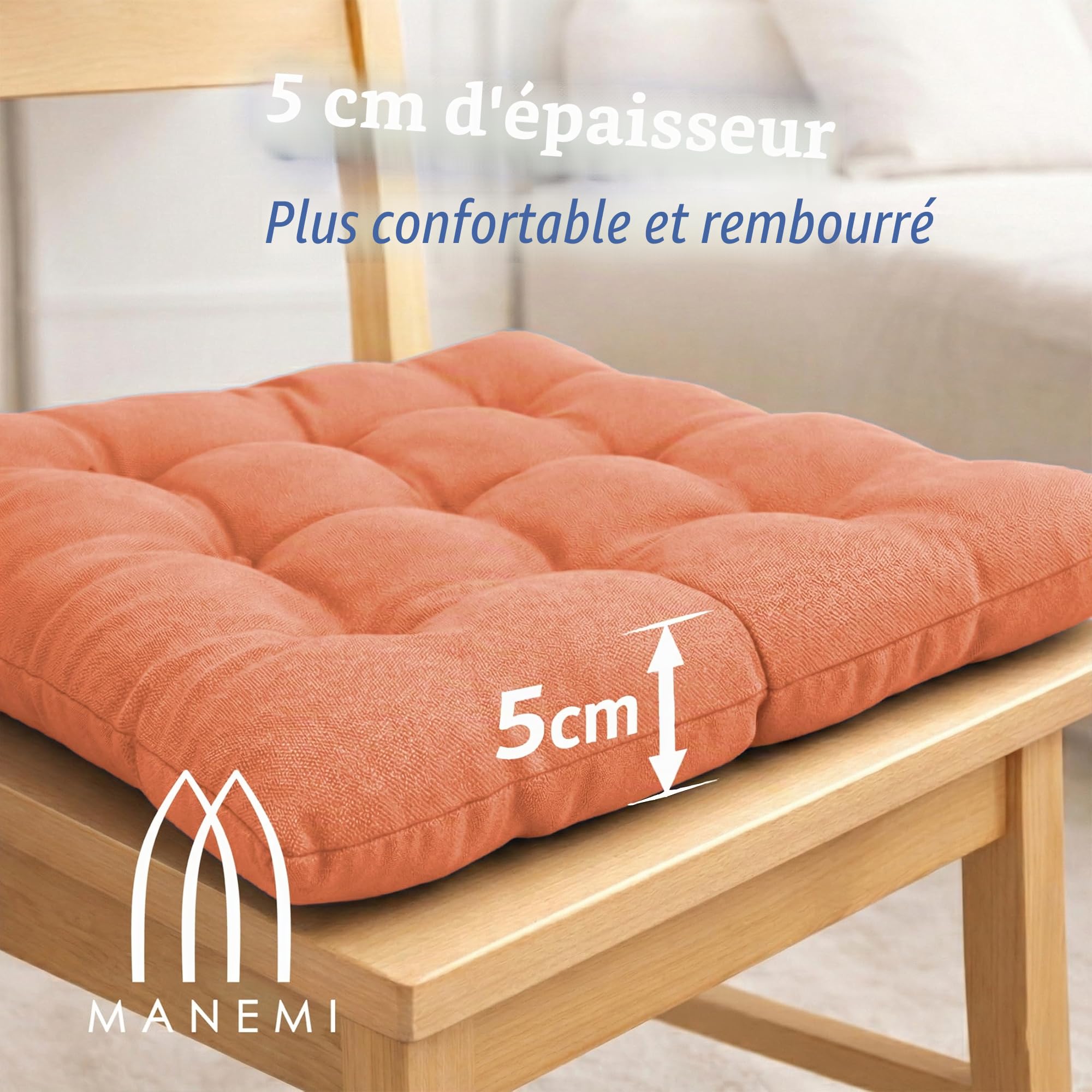 MANEMI Lot de 6 coussins pour chaise 45 x 45 x 5 cm | Imperméable et facile à nettoyer | avec sangles de fixation pour utilisation intérieure et extérieure | Idéal pour salle à manger, terrasse