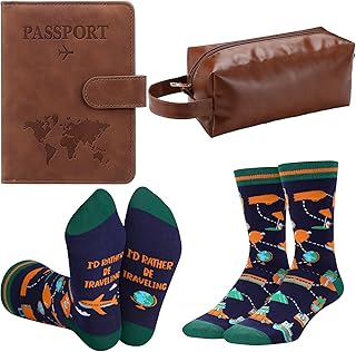 3 Pcs Christmas Traveling Gifts Set Travel Socks Christmas Toiletry Bag Passport Holder for Man Father