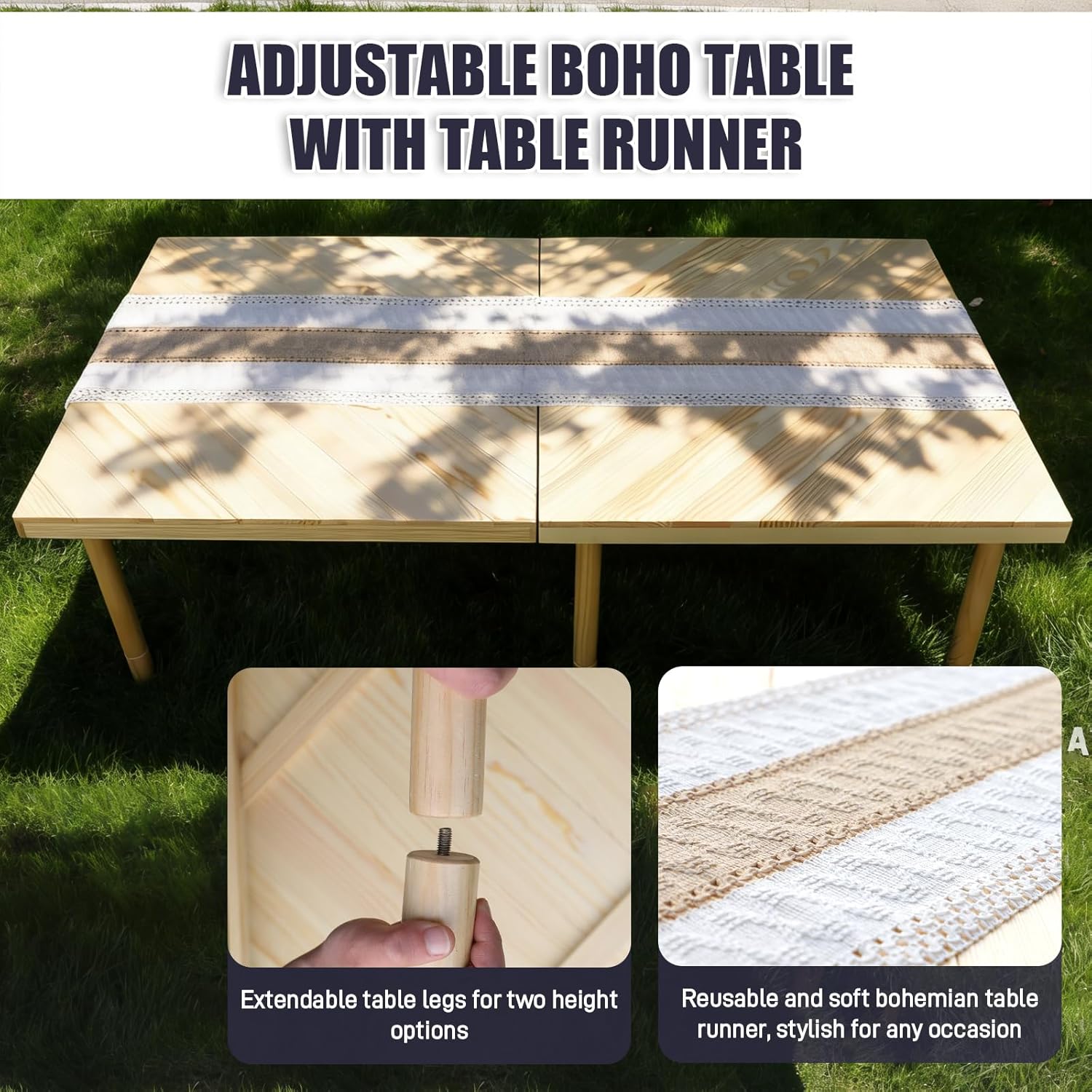 Foldable Picnic Table with Table Runner, Wood Picnic Table 60" x 30" for Indoor Outdoor, Portable Boho Low Picnic Tables with Adjustable Height and Handle for Beach, Camping, Party, Garden, Backyard