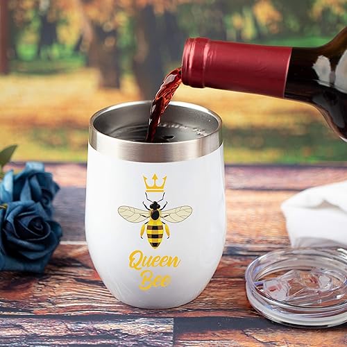 Miniatura 8 de JENVIO Regalos temáticos de abejas, Queen Bee, vaso de vino y café de acero inoxidable blanco de 12 onzas, incluye tapa, decoración para amantes de