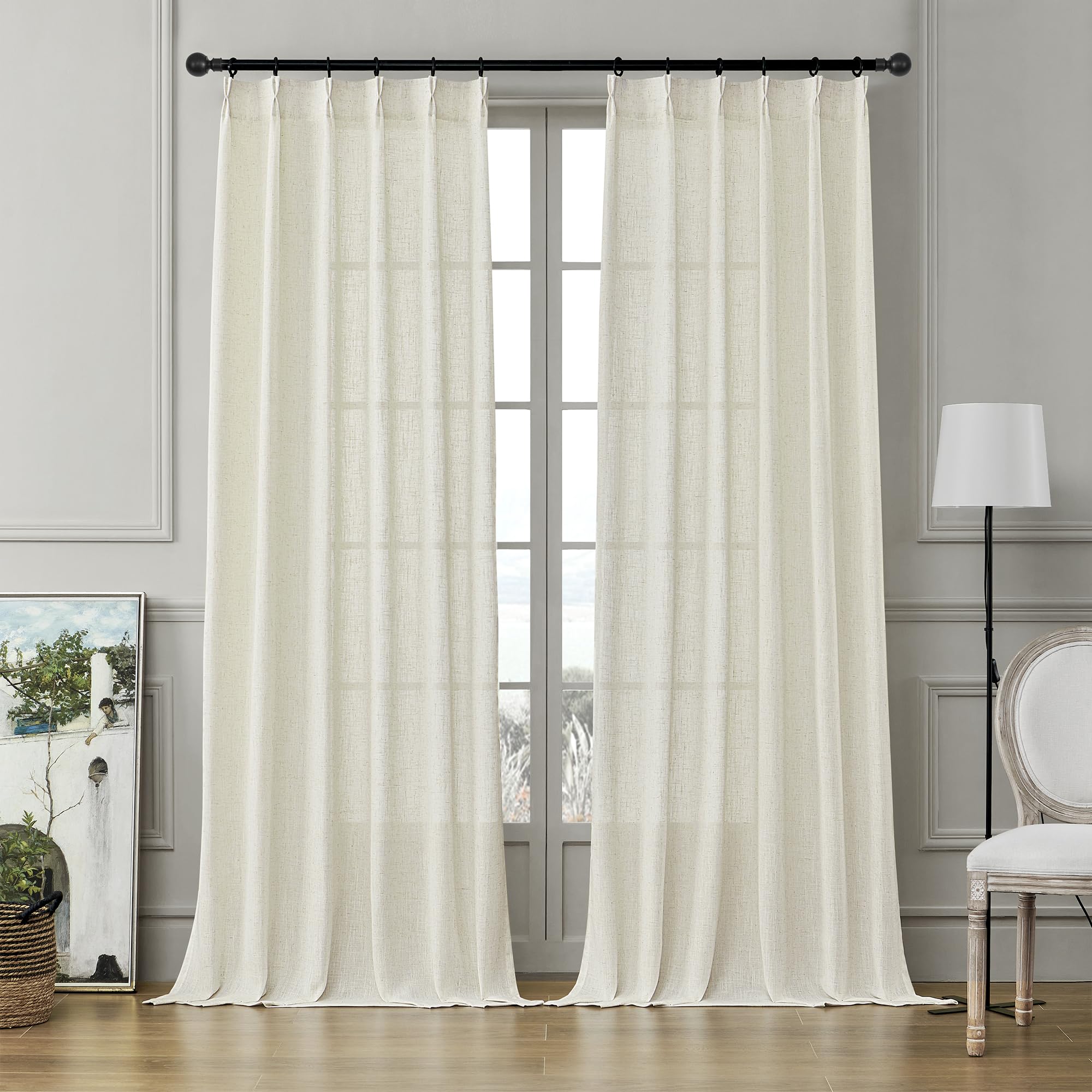 Natural Pinch Pleated Linen Curtains 84 Inch Length 2 Panels for Living Room Bedroom Semi Sheer Window Curtain Boho Neutral Back Tab Pinch Pleat Drape Easy Hanging Via Hooks W38xL84 Inch