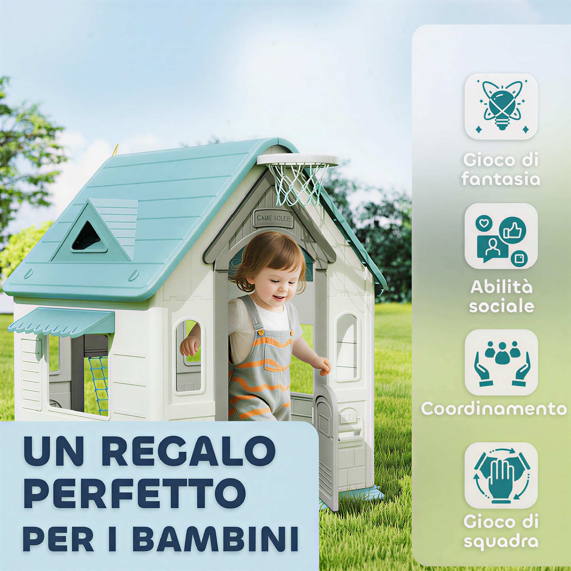 AIYAPLAY Casita Infantil Exterior e Interior 5 en 1, Casita Infantil de Jardín con Lanzamiento de Aros, Baloncesto, Fútbol, Dardos, Casa de Juegos para Niños de 2-5 Años, Beige