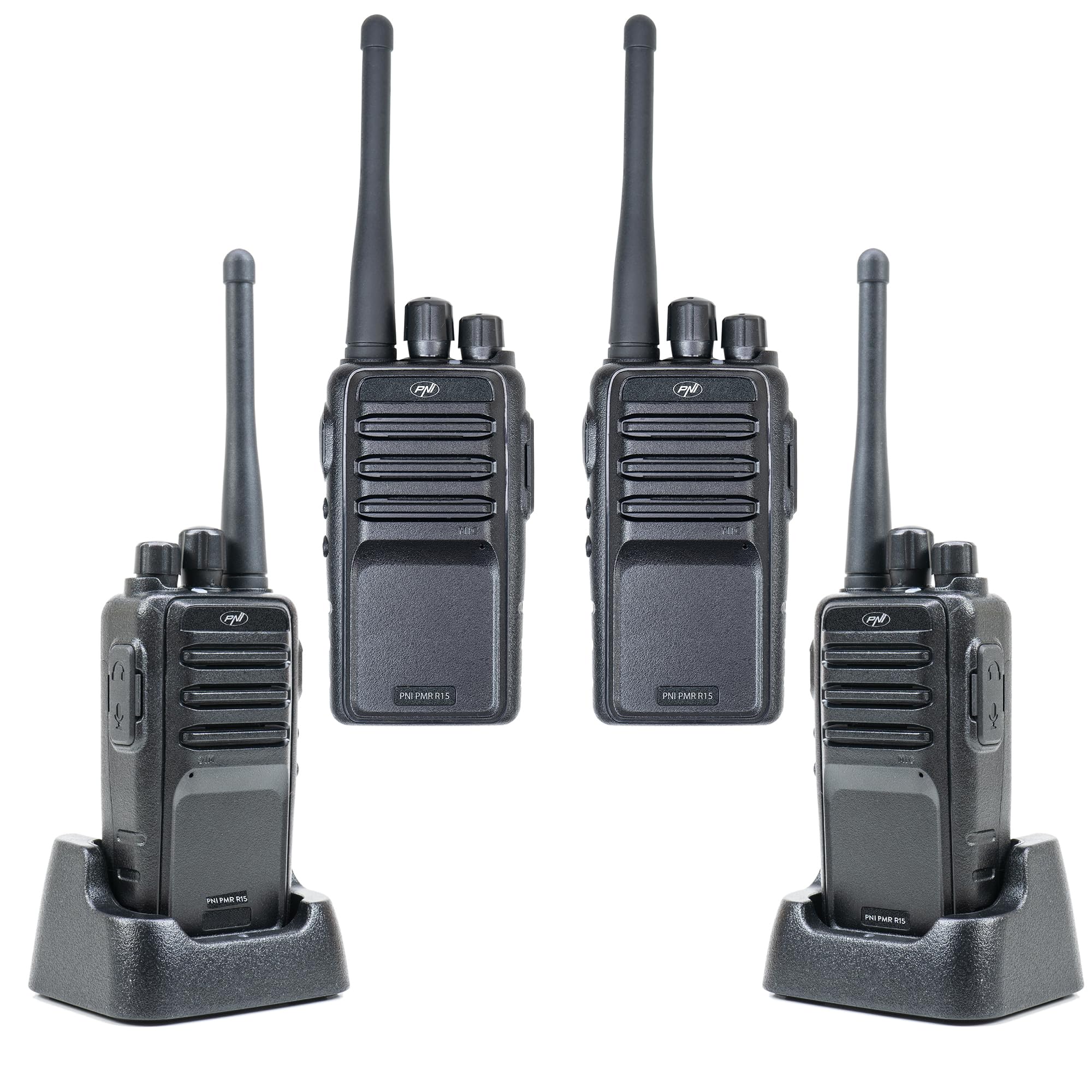 Kit mit 4 tragbaren Radiosendern PNI PMR R15 0,5 W, 16 programmierbare Kanäle, 16 PMR- und 50 CTCSS- und 104 DCS-Töne, ASQ, TOT, Monitor, programmierbar, 1200-mAh-Akku