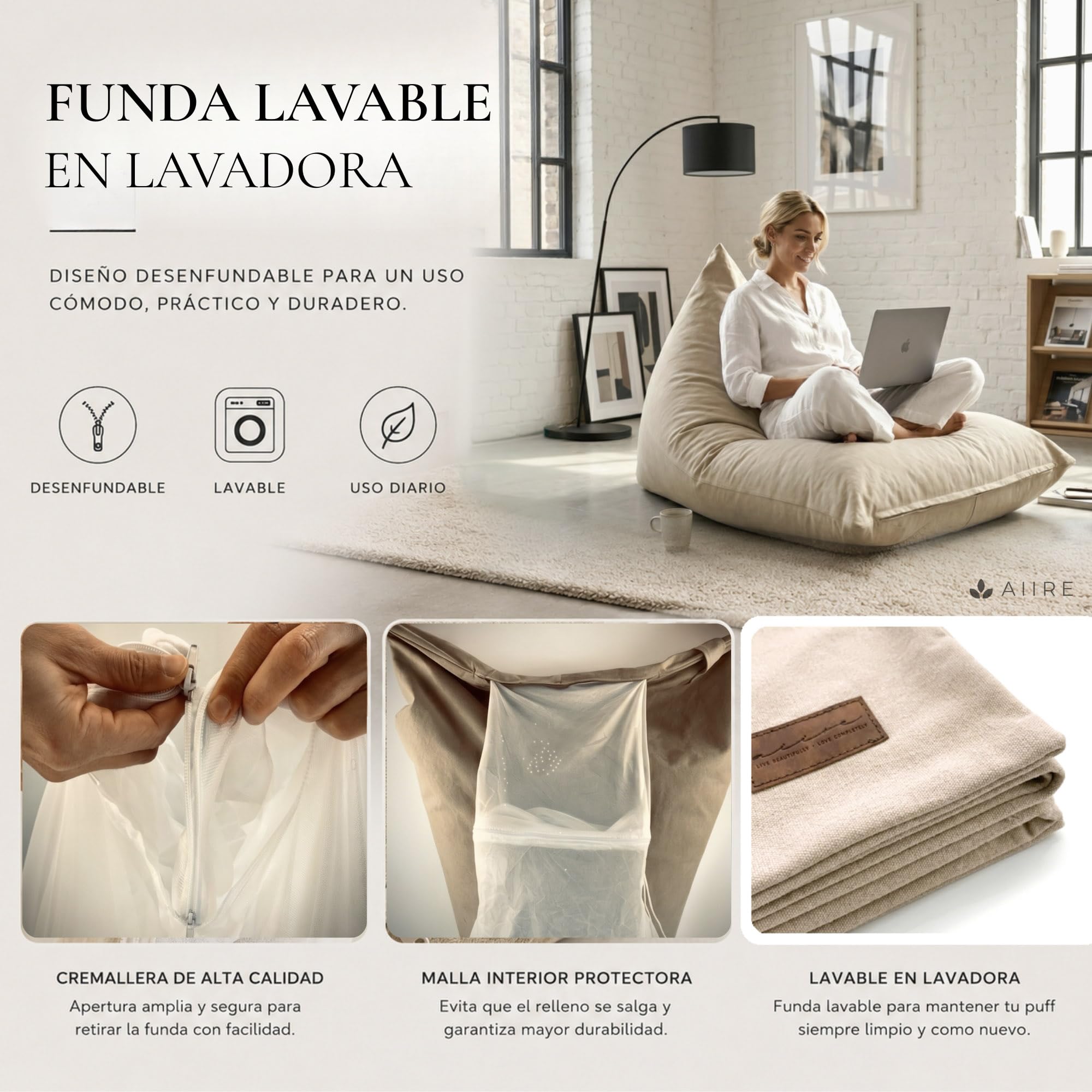 Aiire Puff con Relleno Incluido Moderno - Puf Salon XXL de Diseño para Adulto o Juvenil - Funda Desenfundable y Lavable - Puffs Infantiles XXL - Bean Bag Chair Gamer Gigante con Reposapiés