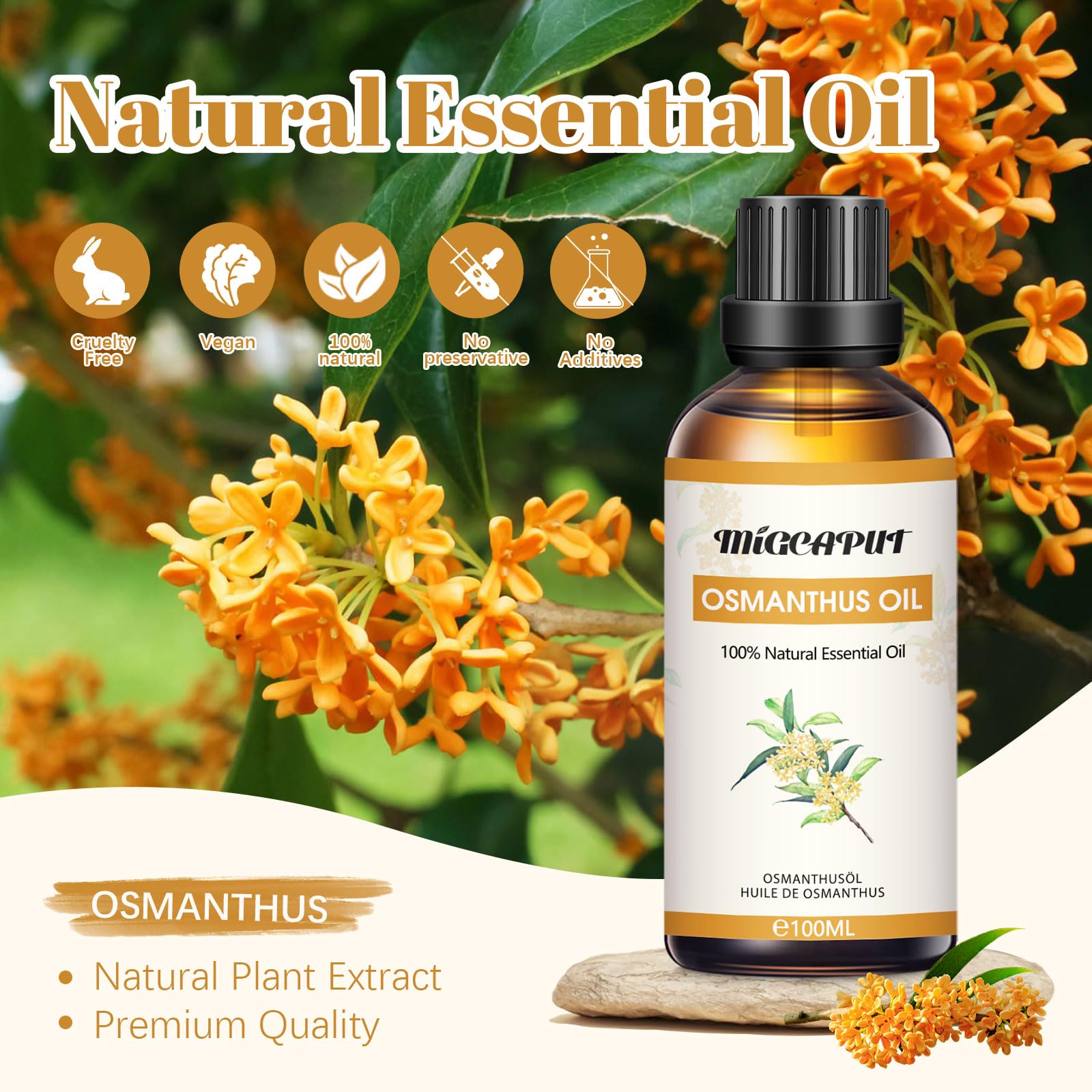 MIGCAPUT Olejek Eteryczny Osmanthus Fragrans 100ML, Naturalny Olejki Aromaterapeutyczny, Olejek Zapachowy Premium do Dyfuzora, SPA, Masażu, Ręcznie Robione Mydło, Ręcznie Robione Świece