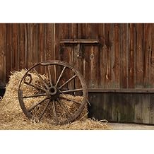 Western Cowboys Backdrop Rustic Wooden Barn Door Barn with Old Antique Wheel Farm Hay Bales Country Theme Photography Background for Western Party Decor Kids Children Portrait Photo Props 8x6ft