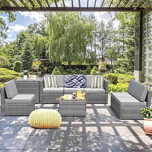 DUYHBAWRS 8PCS Outdoor Wicker Rattan Furniture Set Cushioned Sectional Sofa