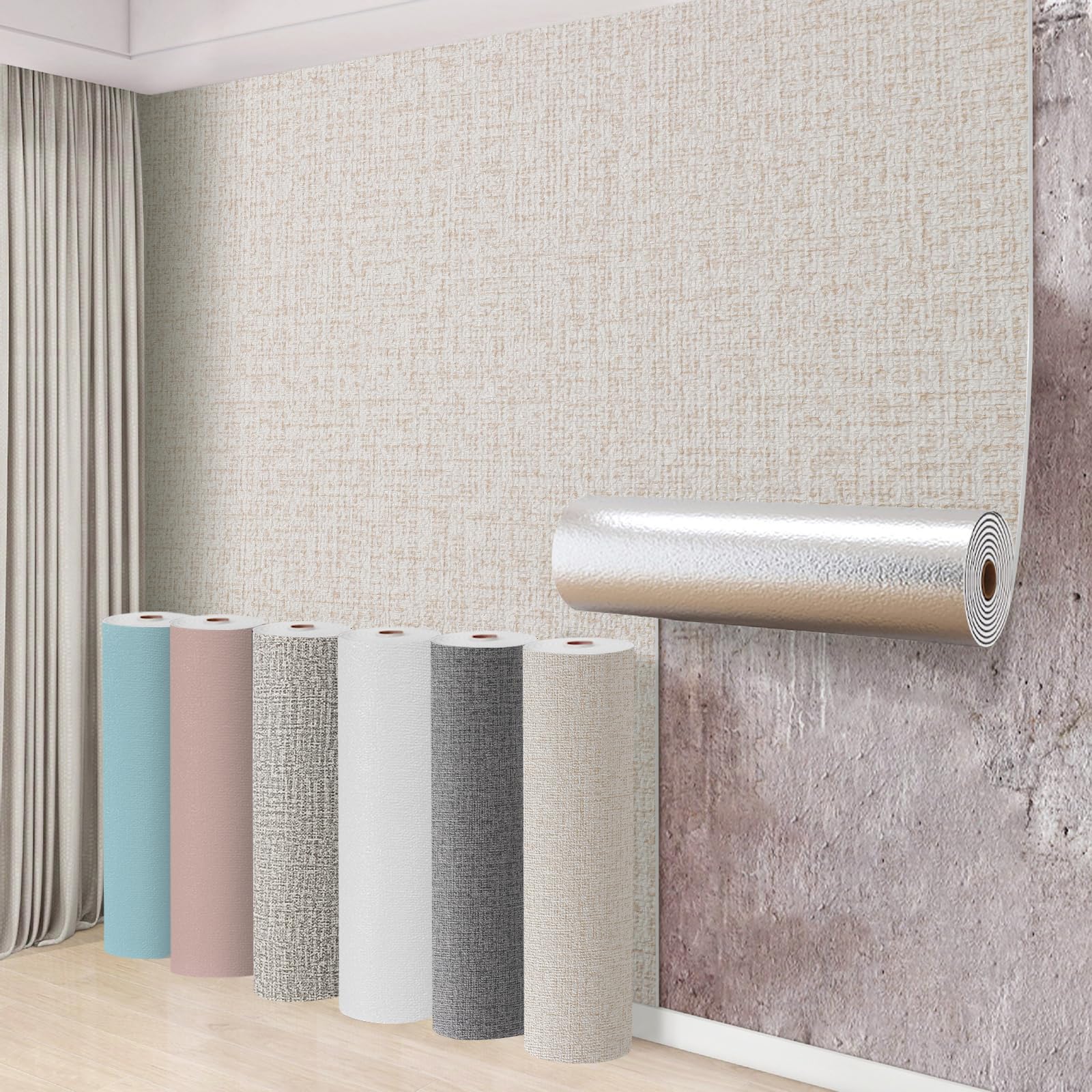 Swehooirt 3 Roll Self Adhesive Thermal Wallpaper 3mm Thick Peel and Stick Wallpaper for Bad Cold Walls Textured Beige Insulating Wall Covering Roll Waterproof Damp Proof Ceiling