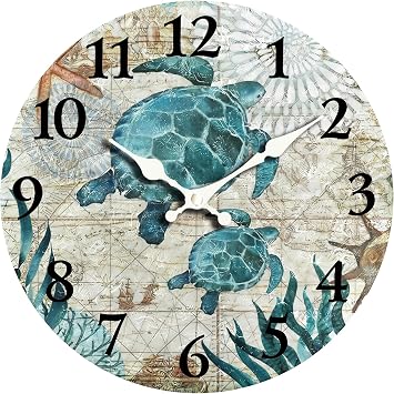 Sea Turtle 10 Inch Wooden Wall Clock - Silent Non-Ticking Battery Operated Decorative Clock for Kitchen, Home, Bedroom, and Office