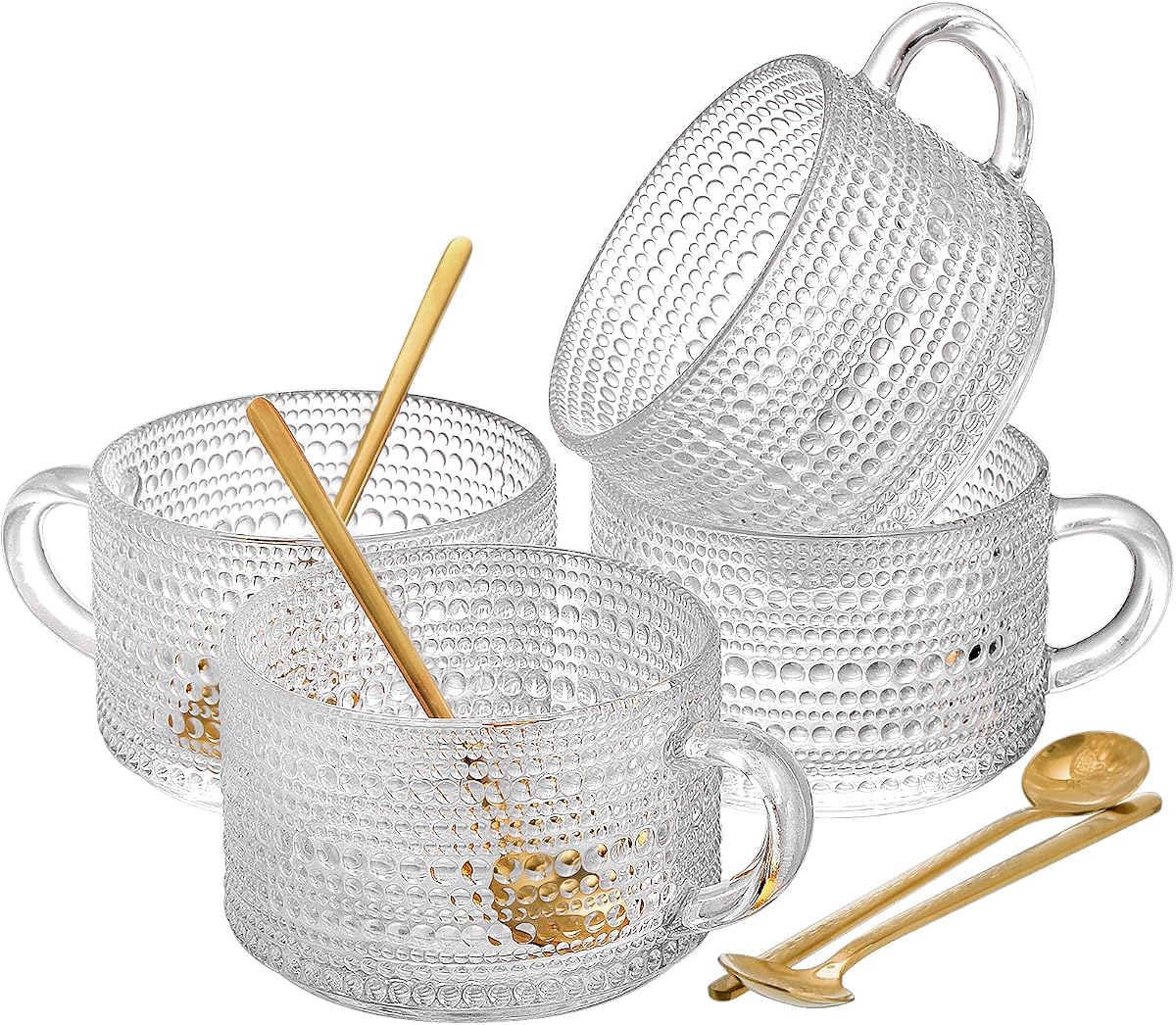 ZOOFOX Set of 4 Glass Coffee Mugs, 14 Oz Clear Glass Cups with Golden Spoons, Vintage Embossed Coffee Cups Set for Latte, Espresso, Cappuccino, Cereal, Yogurt, Tea and Hot Beverage