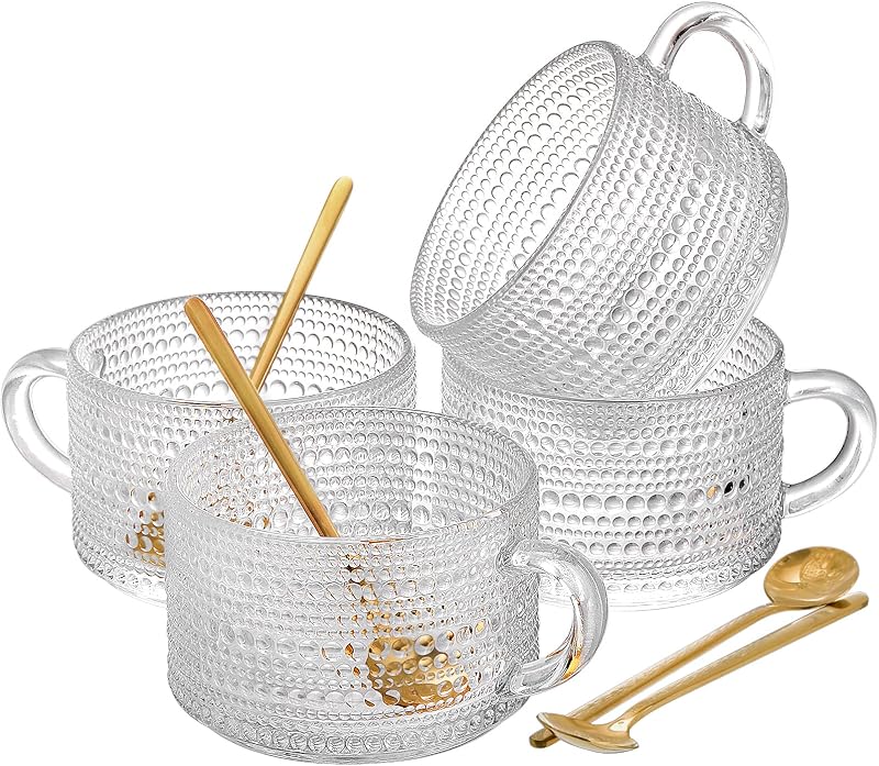 ZOOFOX Set of 4 Glass Coffee Mugs, 14 Oz Clear Glass Cups with Golden Spoons, Vintage Embossed Coffee Cups Set for Latte, Espresso, Cappuccino, Cereal, Yogurt, Tea and Hot Beverage