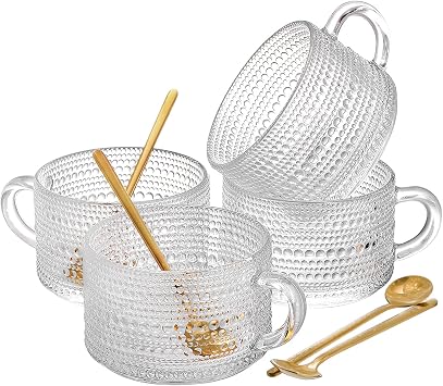 ZOOFOX Set of 4 Glass Coffee Mugs, 14 Oz Clear Glass Cups with Golden Spoons, Vintage Embossed Coffee Cups Set for Latte, Espresso, Cappuccino, Cereal, Yogurt, Tea and Hot Beverage
