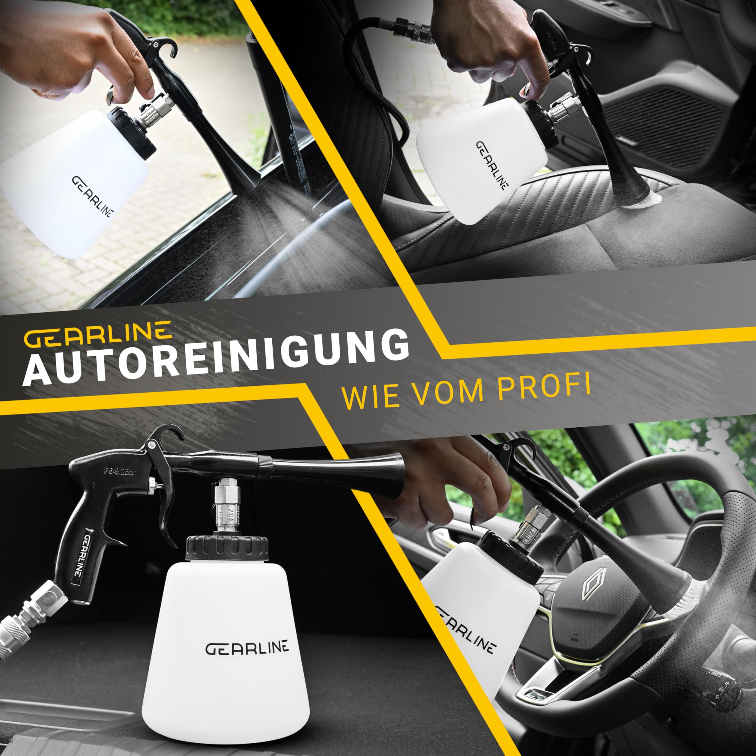 Druckluft Reinigungspistole [mit Wirbelstrahl-Technik] - effektive Luftdruckpistole für Autoreinigung & mehr - All-in-One-Set mit Druckluftpistole, Wassertank & 2 Düsen-Aufsätzen