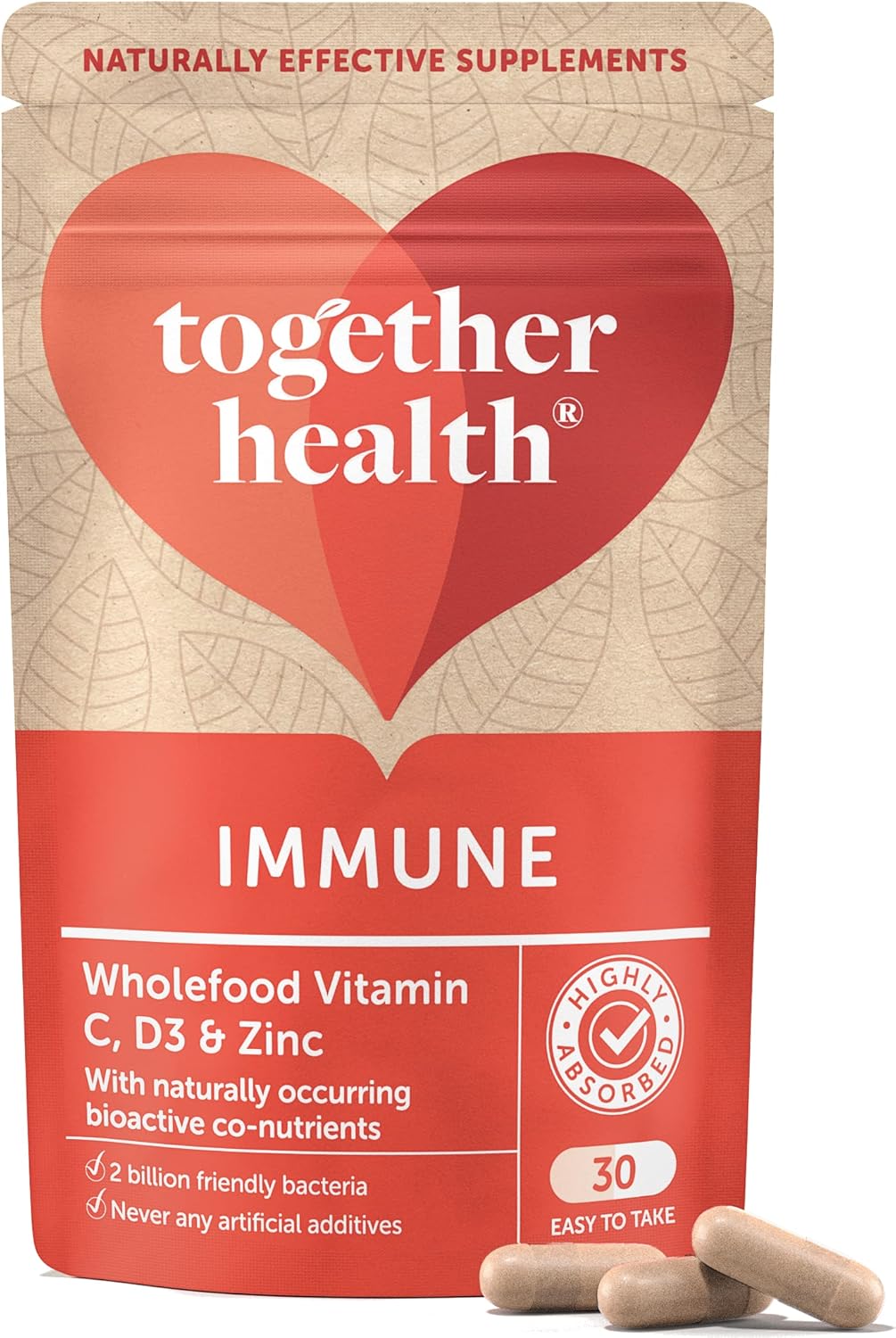 Immune Support Supplement – Together Health – Whole Food Nutrients – Vitamin C, Zinc, Selenium & Live Bacteria – Vegan Friendly – Made in The UK – 30 Vegecaps