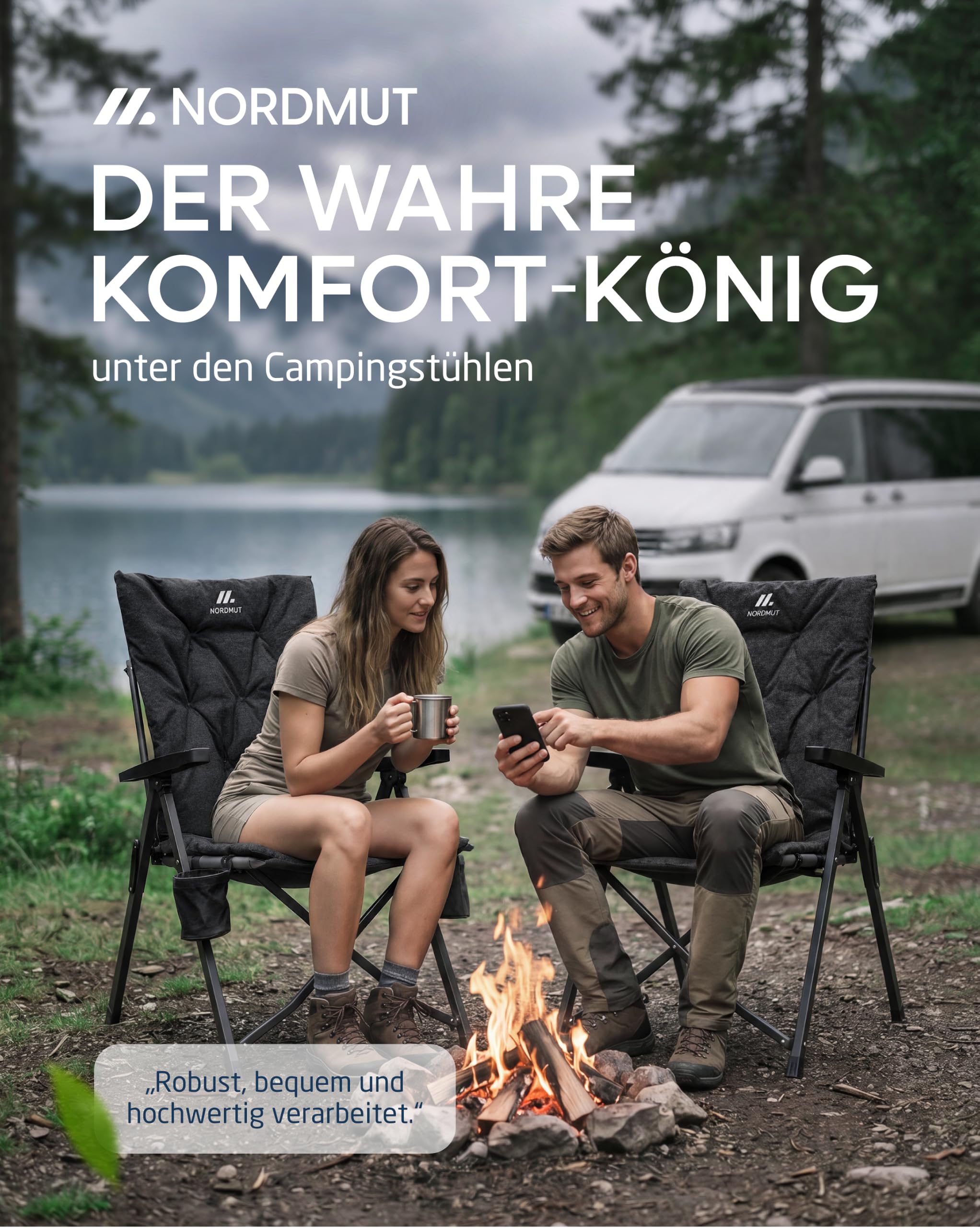 NORDMUT® Premium Campingstuhl faltbar mit hoher Lehne – Stabiler Klappstuhl Camping verstellbar in 4 Positionen – bequemer Gartenstuhl mit 140 kg Belastung für Camping & Outdoor